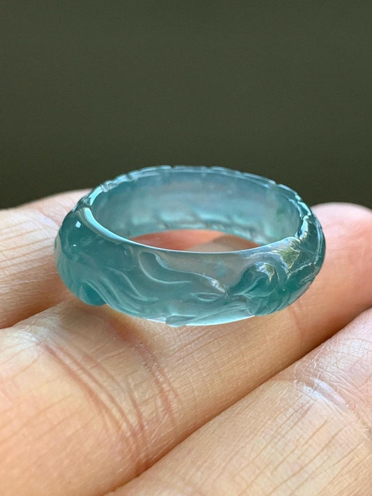 Certified Natural Guatemalan Premium Icy Highly Translucent Teal Blue Jadeite Carved Phoenix Band Ring size 7.5 US 3g 天然冰胶起光危蓝翡翠凤凰戒圈戒指 1687