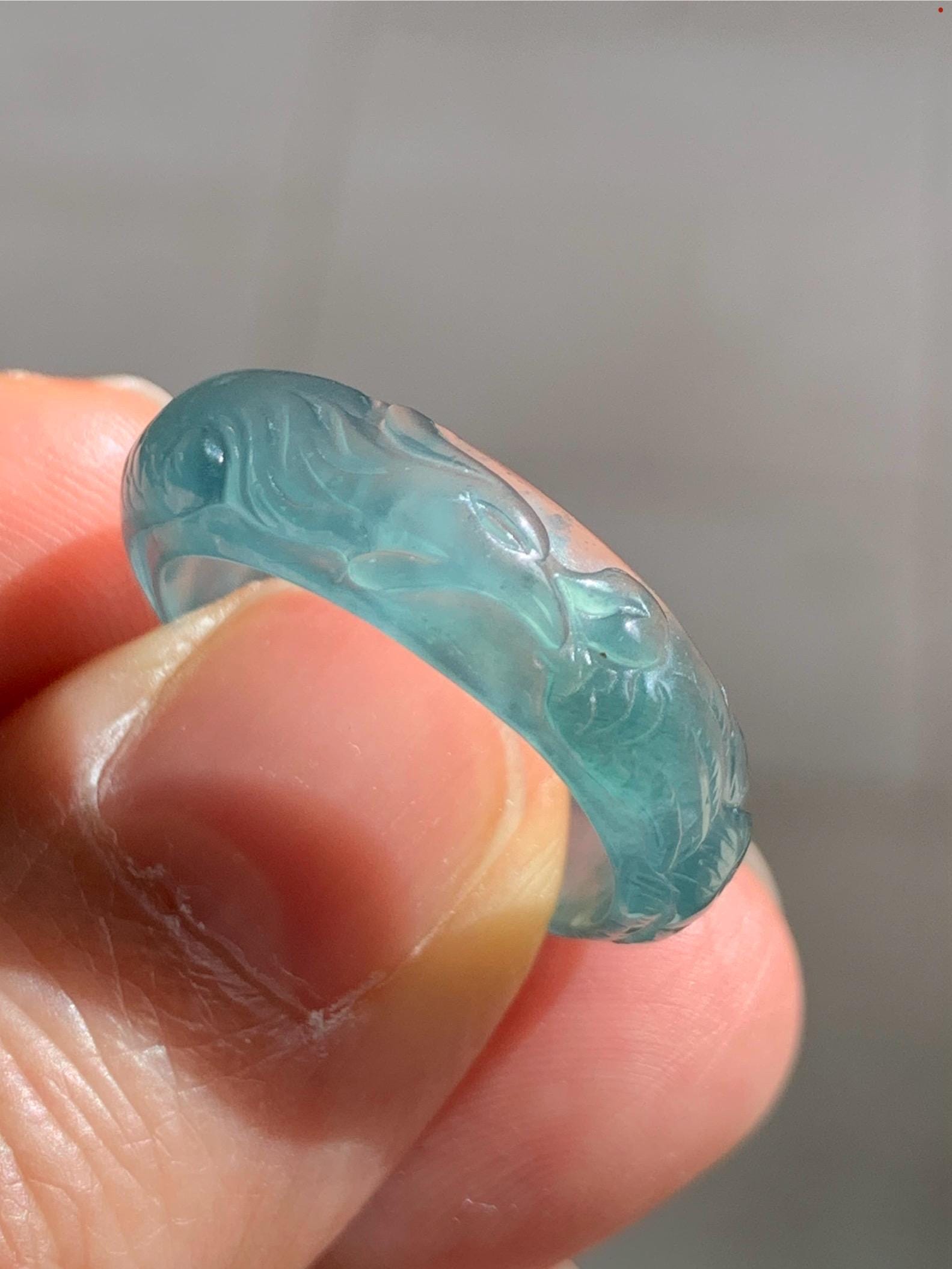 Certified Natural Guatemalan Premium Icy Highly Translucent Teal Blue Jadeite Carved Phoenix Band Ring size 7.5 US 3g 天然冰胶起光危蓝翡翠凤凰戒圈戒指 1687