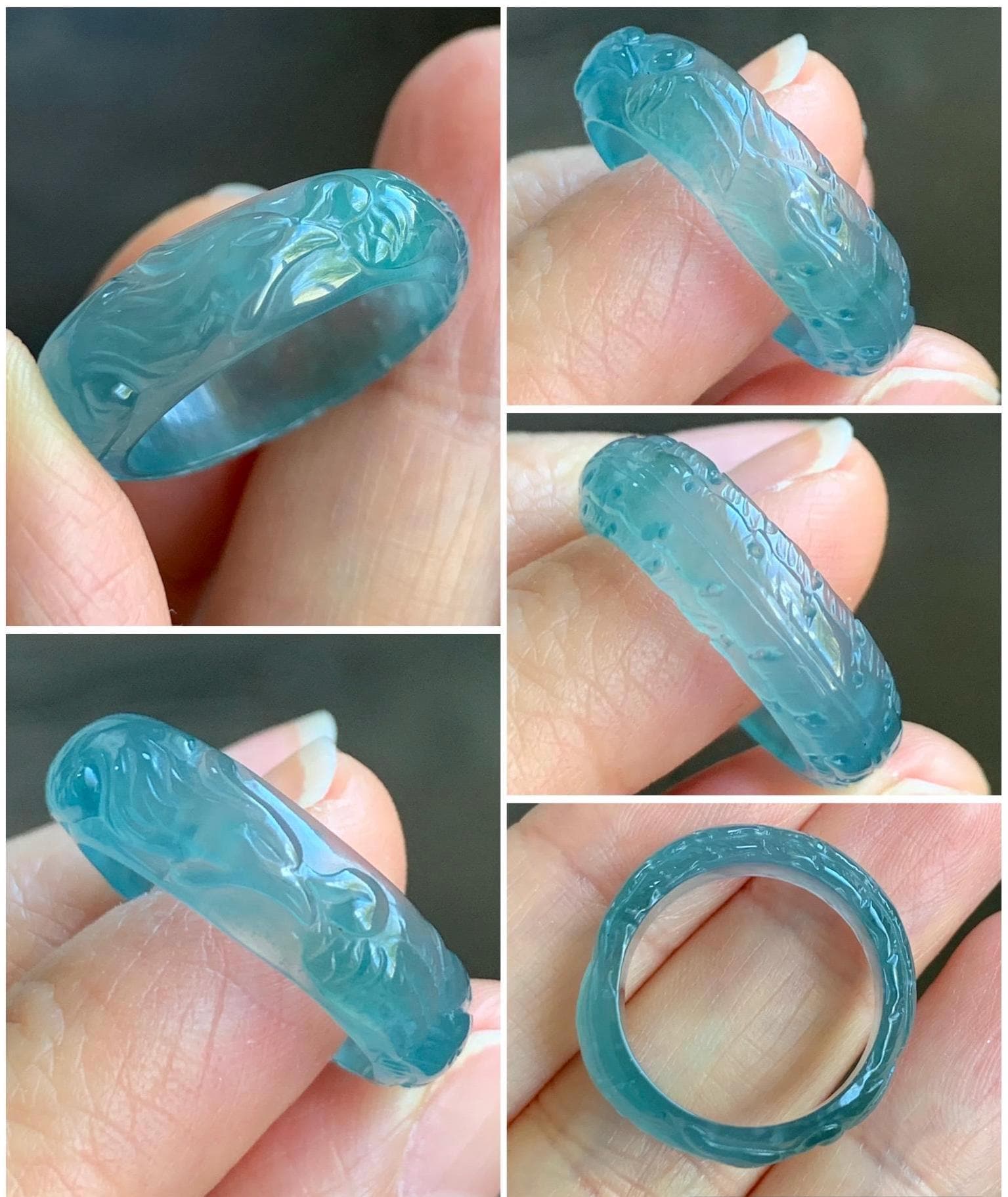 Certified Natural Guatemalan Premium Icy Highly Translucent Teal Blue Jadeite Carved Phoenix Band Ring size 7.5 US 3g 天然冰胶起光危蓝翡翠凤凰戒圈戒指 1687