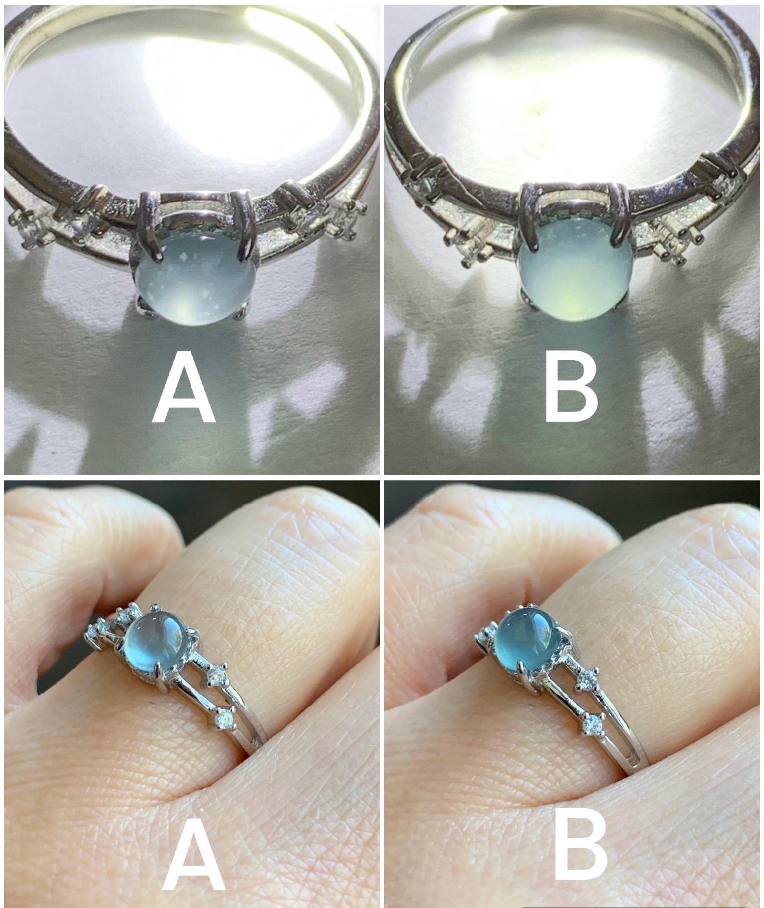 Natural Grade A Guatemalan Icy Highly Translucent Light Blue Jadeite Ring Sterling Silver Size 7 Adjustable 天然冰危淡蓝翡翠满天星开口银镶戒指 MTX130