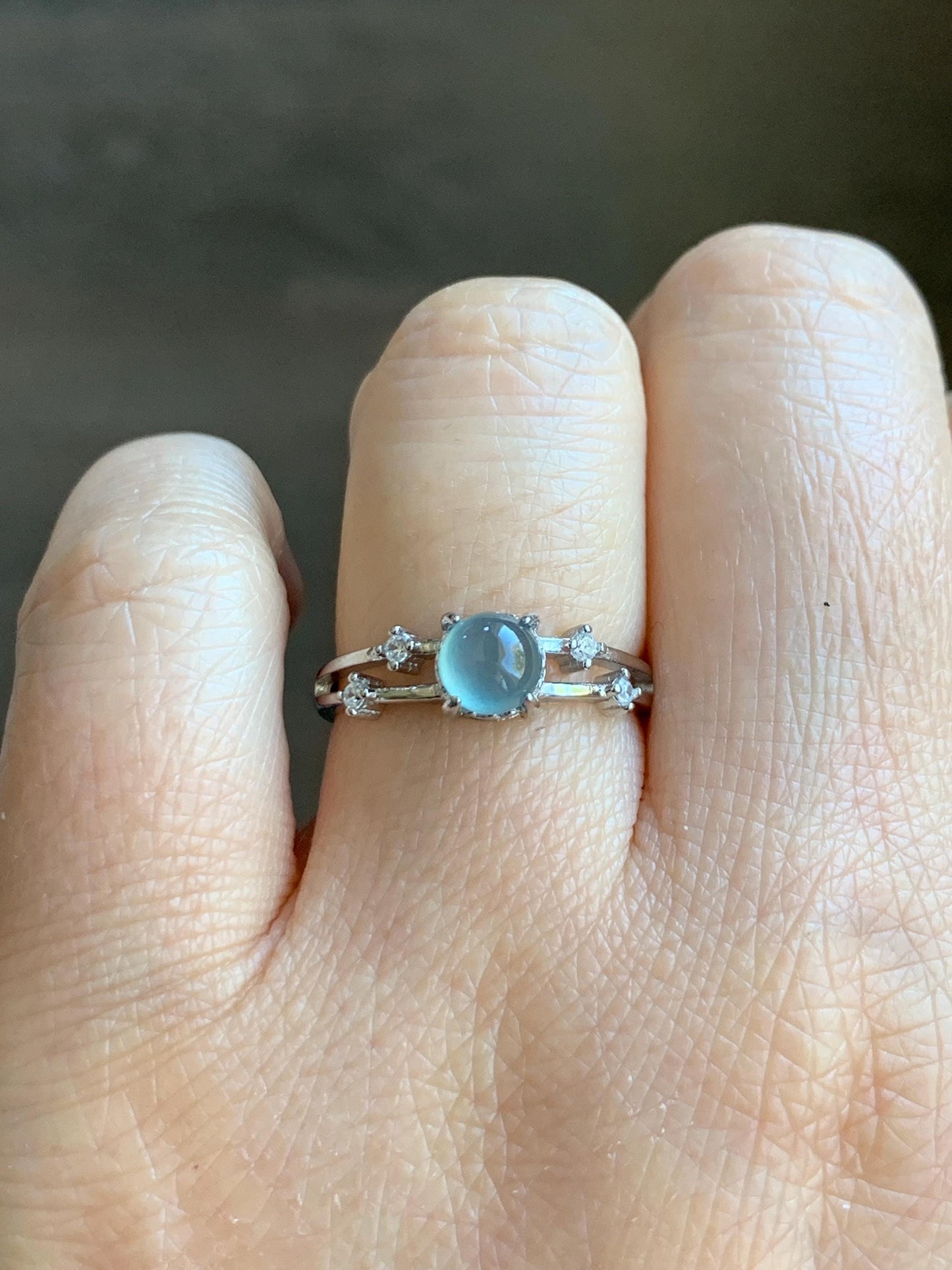 Natural Grade A Guatemalan Icy Highly Translucent Light Blue Jadeite Ring Sterling Silver Size 7 Adjustable 天然冰危淡蓝翡翠满天星开口银镶戒指 MTX130