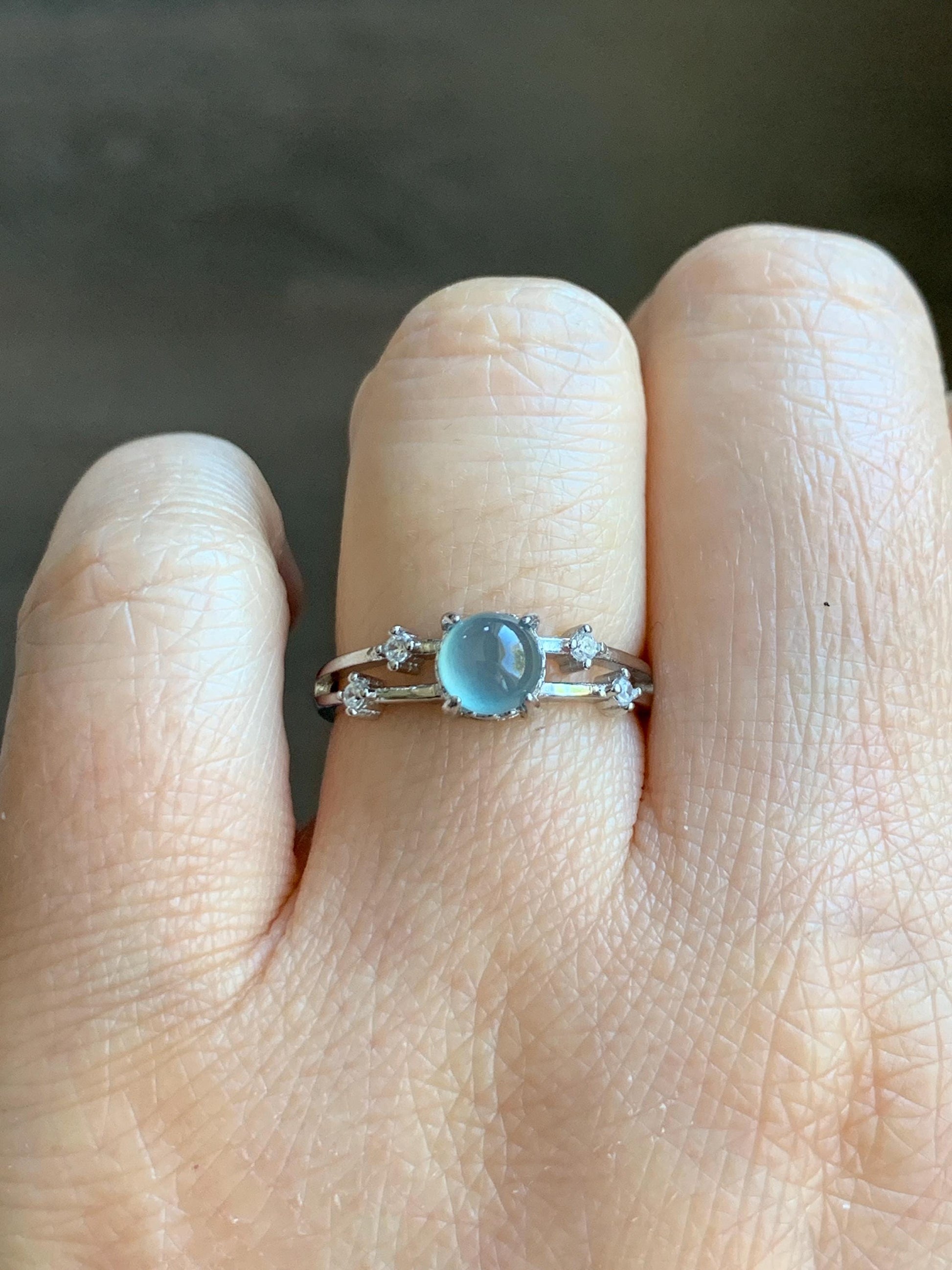 Natural Grade A Guatemalan Icy Highly Translucent Light Blue Jadeite Ring Sterling Silver Size 7 Adjustable 天然冰危淡蓝翡翠满天星开口银镶戒指 MTX130