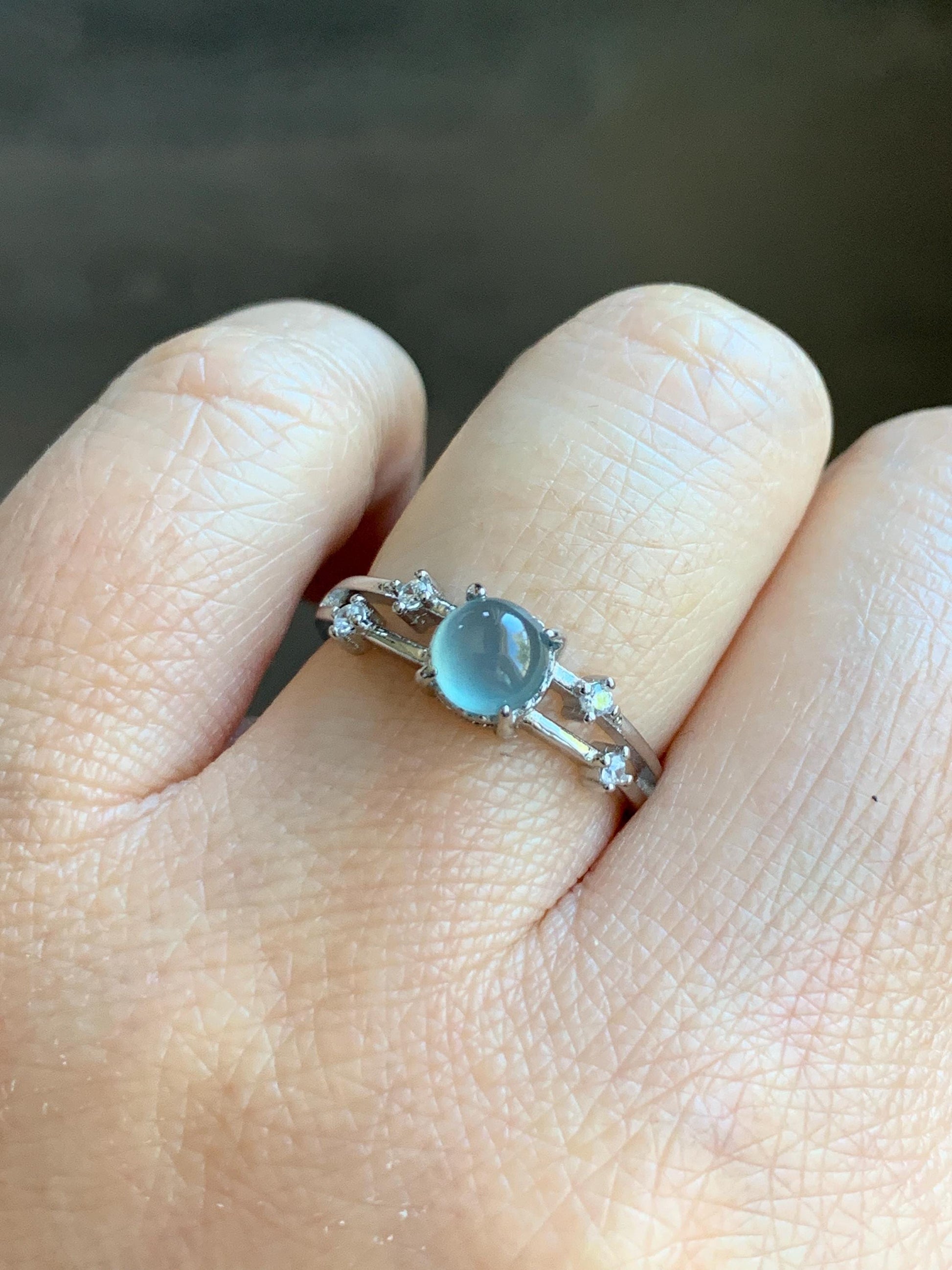 Natural Grade A Guatemalan Icy Highly Translucent Light Blue Jadeite Ring Sterling Silver Size 7 Adjustable 天然冰危淡蓝翡翠满天星开口银镶戒指 MTX130