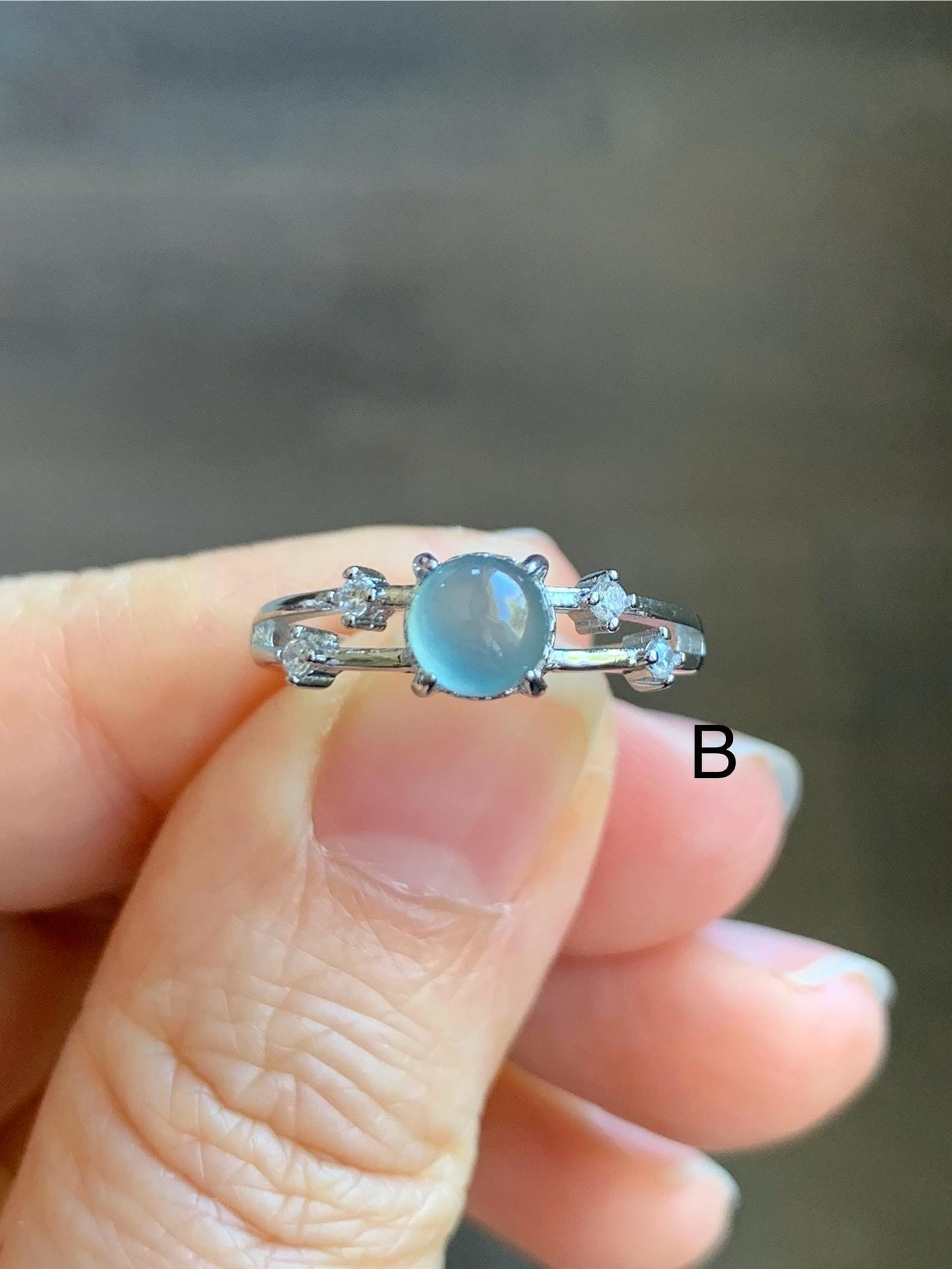 Natural Grade A Guatemalan Icy Highly Translucent Light Blue Jadeite Ring Sterling Silver Size 7 Adjustable 天然冰危淡蓝翡翠满天星开口银镶戒指 MTX130