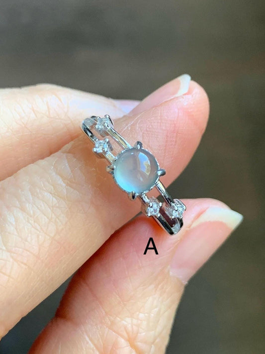Natural Grade A Guatemalan Icy Highly Translucent Light Blue Jadeite Ring Sterling Silver Size 7 Adjustable 天然冰危淡蓝翡翠满天星开口银镶戒指 MTX130