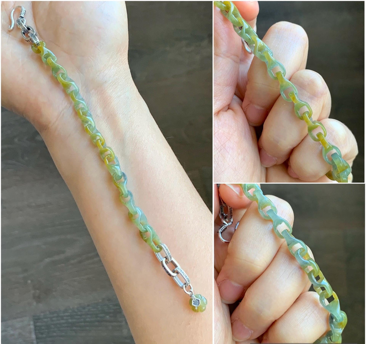 Certified Natural Guatemalan Icy Yellow Marbled Jadeite Interlocking Dragon Bone Link Chain Bracelet Sterling Silver 6.75" 天然冰危蓝加黄翡翠龙骨链手链