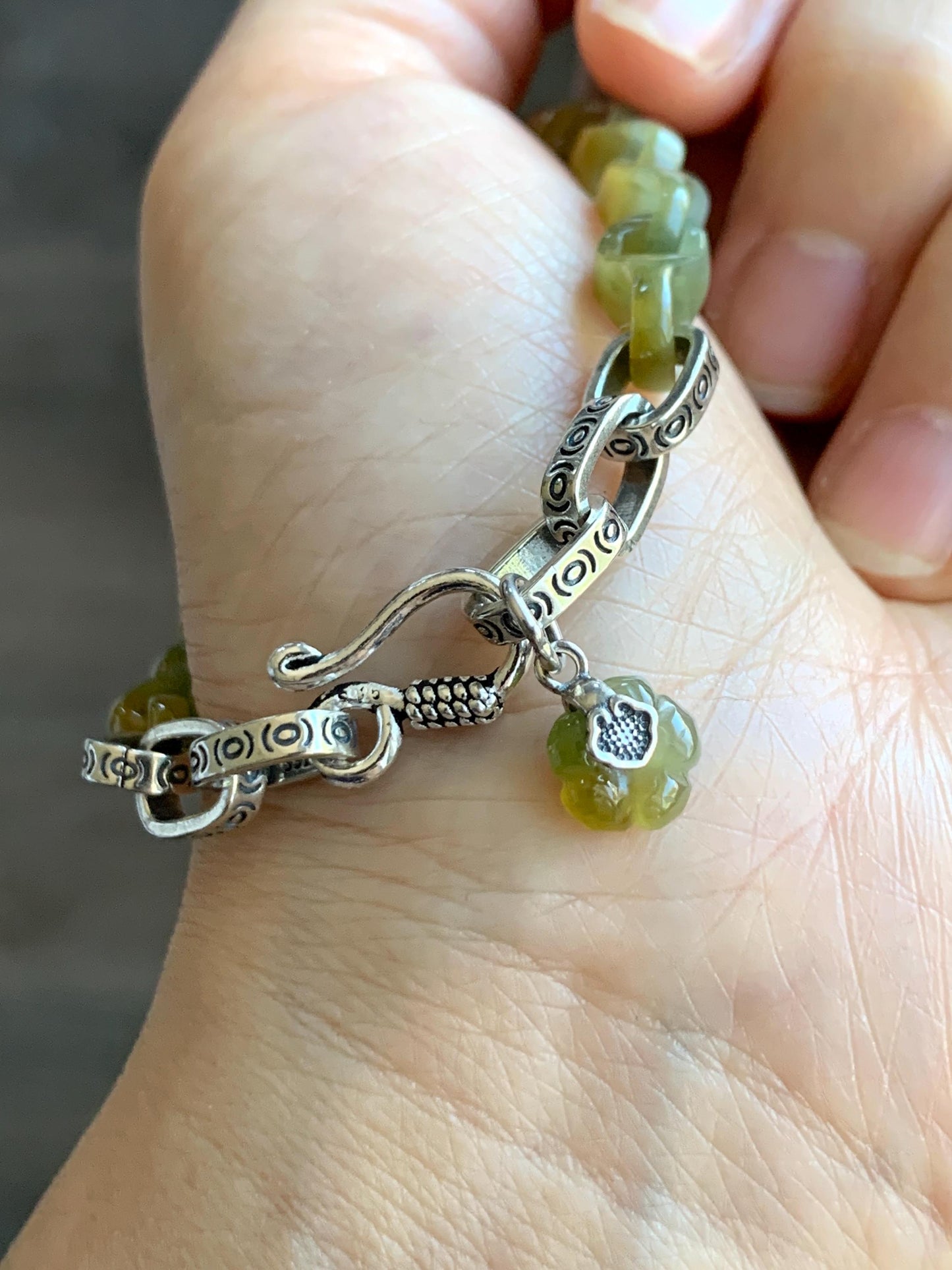 Certified Natural Guatemalan Icy Yellow Marbled Jadeite Interlocking Dragon Bone Link Chain Bracelet Sterling Silver 6.75" 天然冰危蓝加黄翡翠龙骨链手链