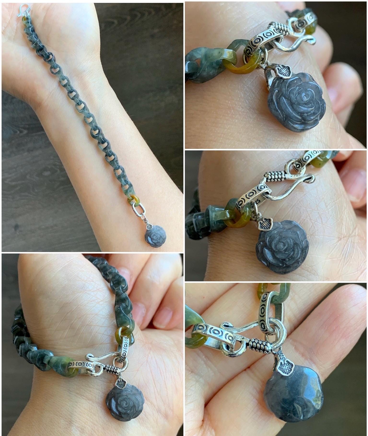 Certified Natural Grade A Icy Translucent Wuji Jadeite Interlocking Dragon Bone Link Chain Bracelet Sterling Silver 7.25" 天然冰胶乌鸡翡翠龙骨链手链 1129