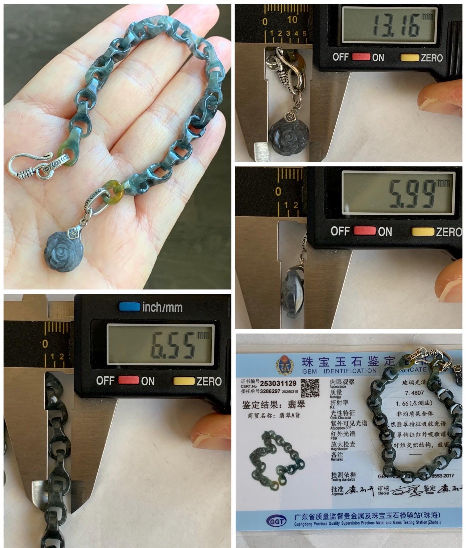 Certified Natural Grade A Icy Translucent Wuji Jadeite Interlocking Dragon Bone Link Chain Bracelet Sterling Silver 7.25" 天然冰胶乌鸡翡翠龙骨链手链 1129