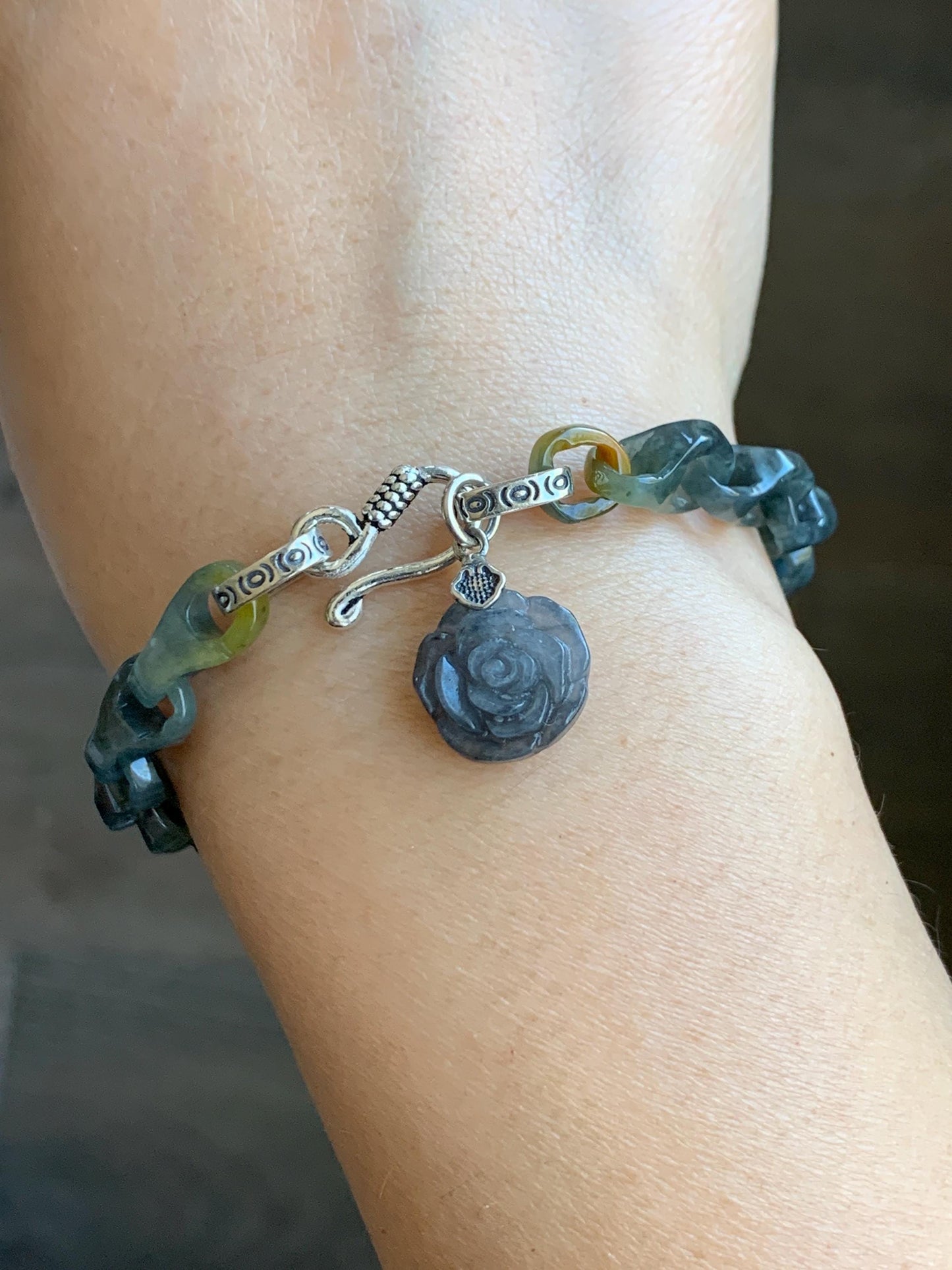 Certified Natural Grade A Icy Translucent Wuji Jadeite Interlocking Dragon Bone Link Chain Bracelet Sterling Silver 7.25" 天然冰胶乌鸡翡翠龙骨链手链 1129