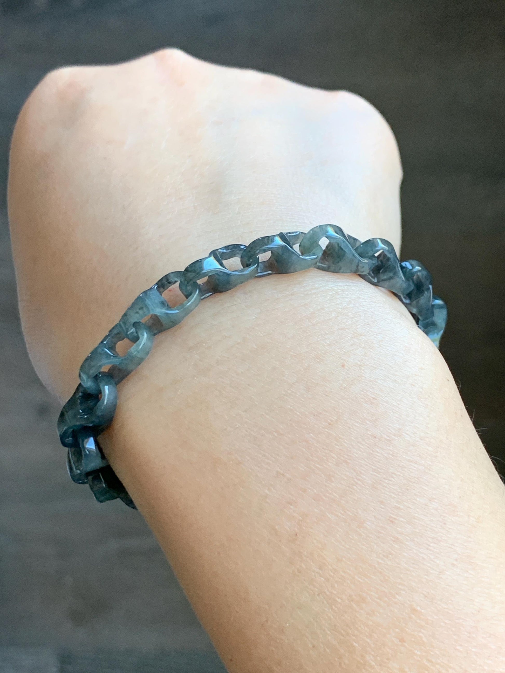 Certified Natural Grade A Icy Translucent Wuji Jadeite Interlocking Dragon Bone Link Chain Bracelet Sterling Silver 7.25" 天然冰胶乌鸡翡翠龙骨链手链 1129