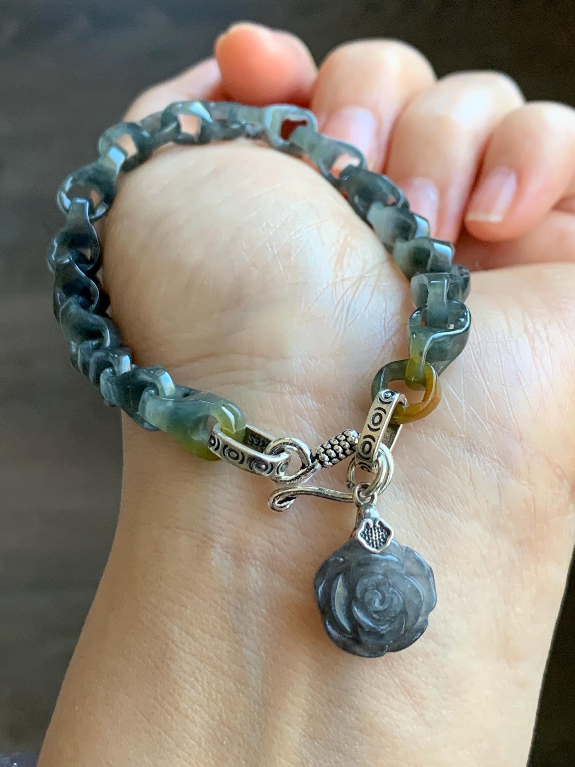 Certified Natural Grade A Icy Translucent Wuji Jadeite Interlocking Dragon Bone Link Chain Bracelet Sterling Silver 7.25" 天然冰胶乌鸡翡翠龙骨链手链 1129