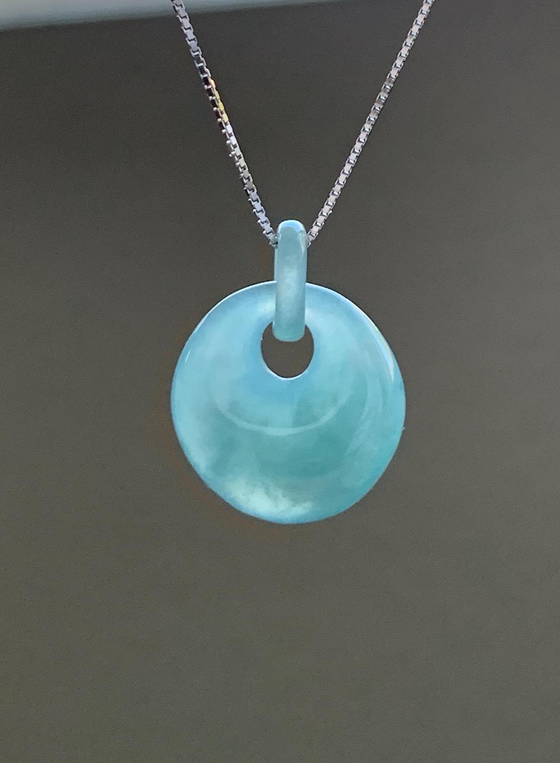 Natural Grade A Guatemalan Icy Translucent Dusty Blue Jadeite Donut w/ Interlocking Bail Pendant Necklace Sterling Silver 天然冰危蓝翡翠平扣环扣吊坠