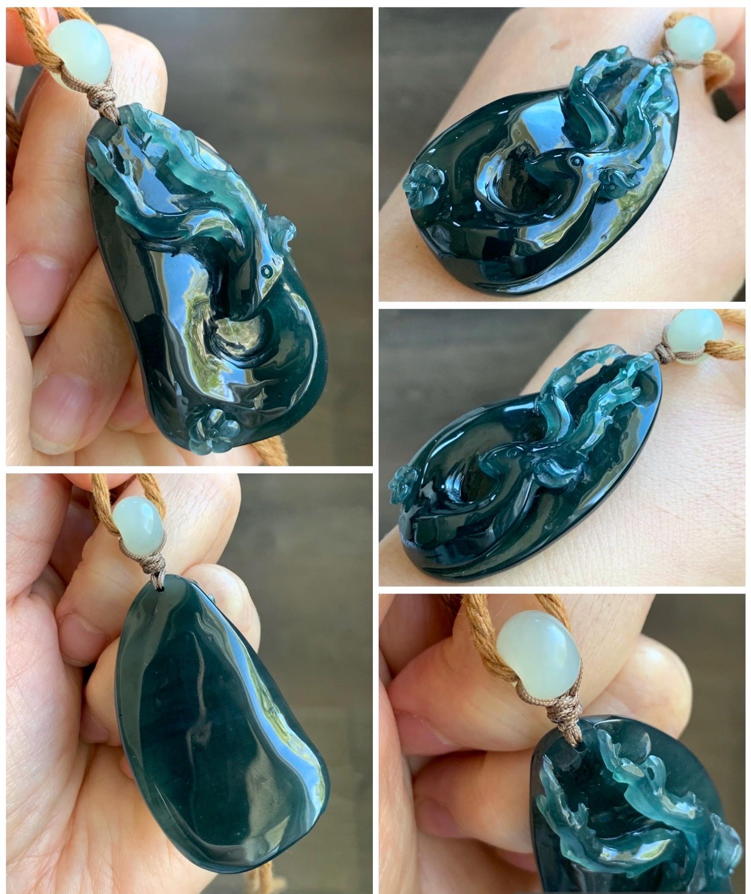 Natural Grade A Guatemalan Icy Translucent Dark Teal Green Jadeite Carved Deer Cherry Blossom Pendant Rope Necklace 26" 31g 天然冰胶危湖水绿翡翠梅花鹿吊坠
