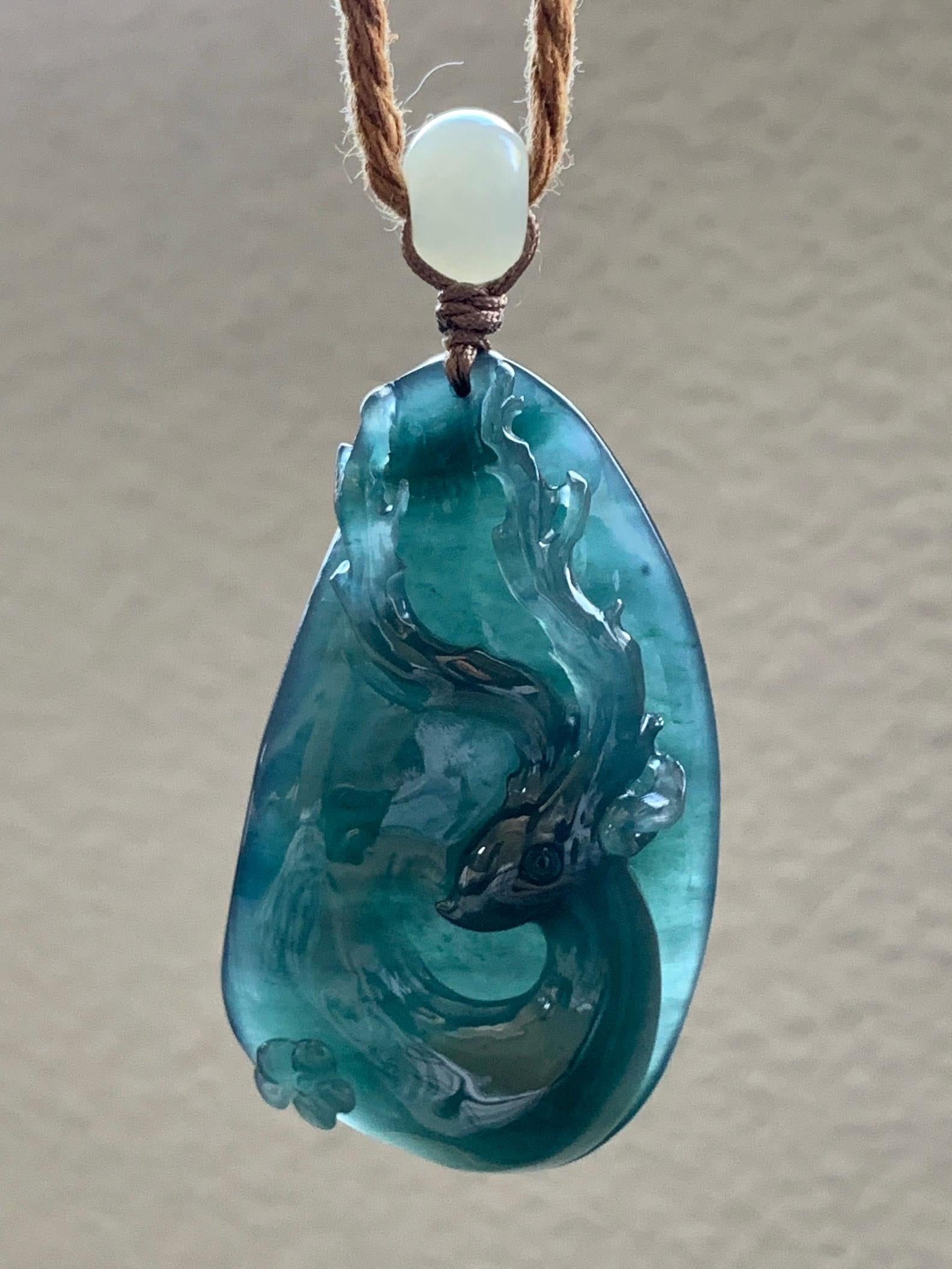 Natural Grade A Guatemalan Icy Translucent Dark Teal Green Jadeite Carved Deer Cherry Blossom Pendant Rope Necklace 26" 31g 天然冰胶危湖水绿翡翠梅花鹿吊坠