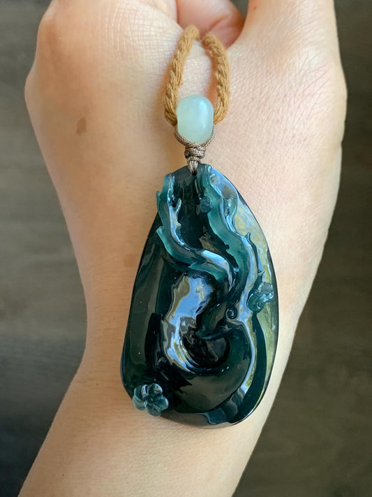 Natural Grade A Guatemalan Icy Translucent Dark Teal Green Jadeite Carved Deer Cherry Blossom Pendant Rope Necklace 26" 31g 天然冰胶危湖水绿翡翠梅花鹿吊坠