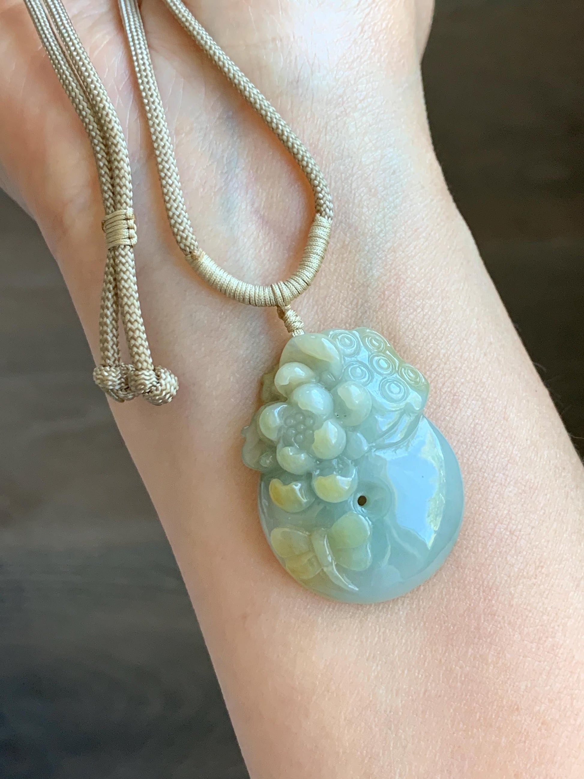Natural Grade A Icy Translucent Pastel Blue Yellow Marbled Jadeite Lotus Flower Ping An Kou Donut Pendant Rope Necklace 天然冰浅蓝飘黄翡翠莲花莲蓬平安扣吊坠
