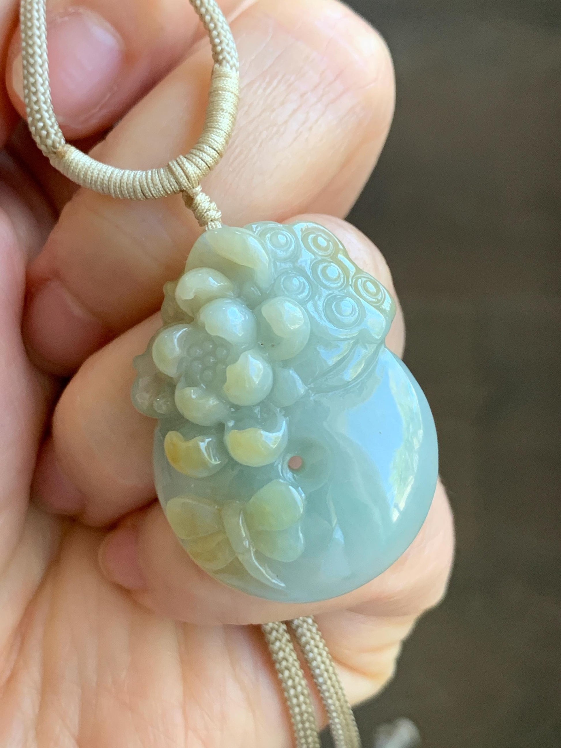 Natural Grade A Icy Translucent Pastel Blue Yellow Marbled Jadeite Lotus Flower Ping An Kou Donut Pendant Rope Necklace 天然冰浅蓝飘黄翡翠莲花莲蓬平安扣吊坠