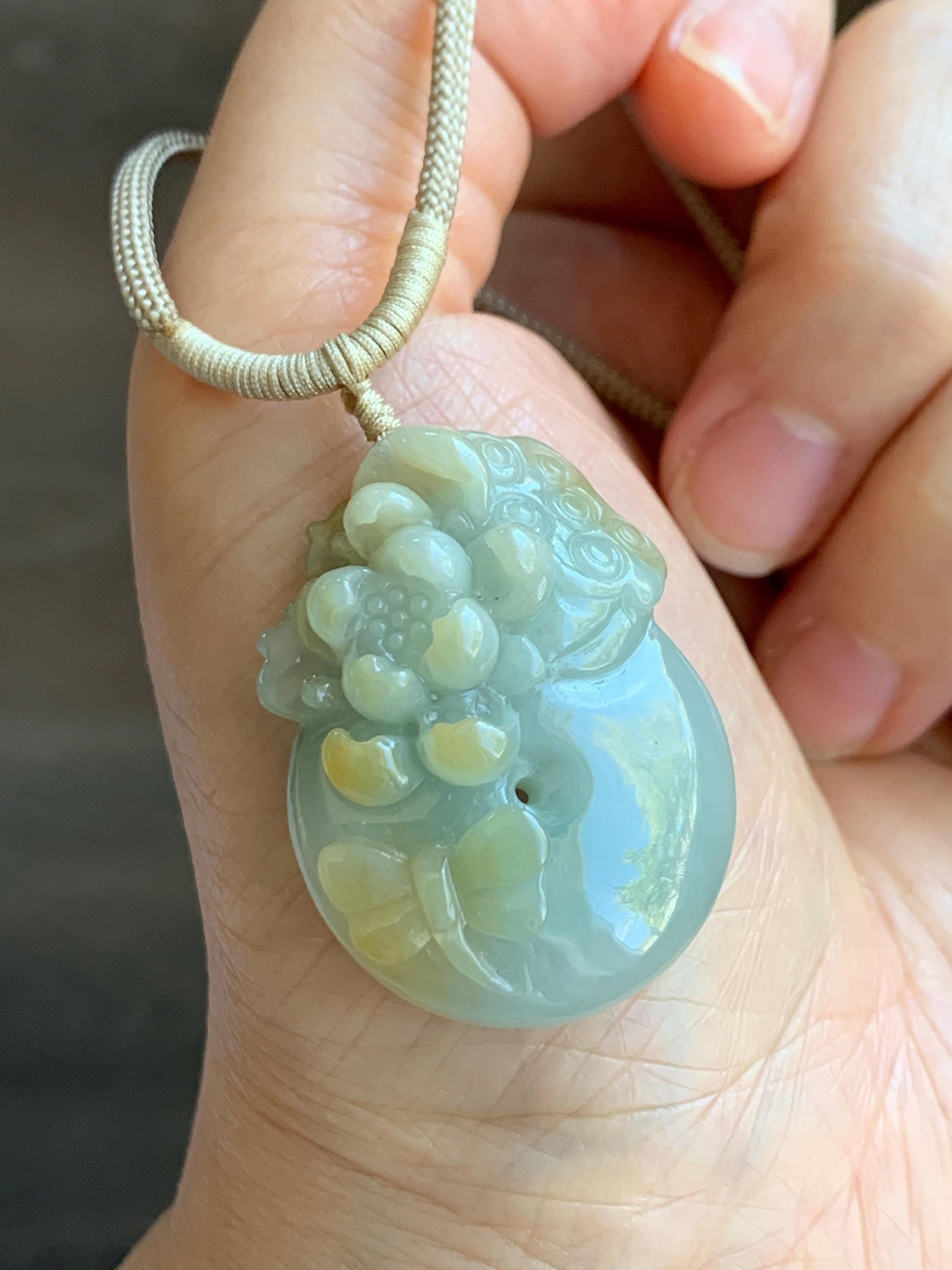 Natural Grade A Icy Translucent Pastel Blue Yellow Marbled Jadeite Lotus Flower Ping An Kou Donut Pendant Rope Necklace 天然冰浅蓝飘黄翡翠莲花莲蓬平安扣吊坠