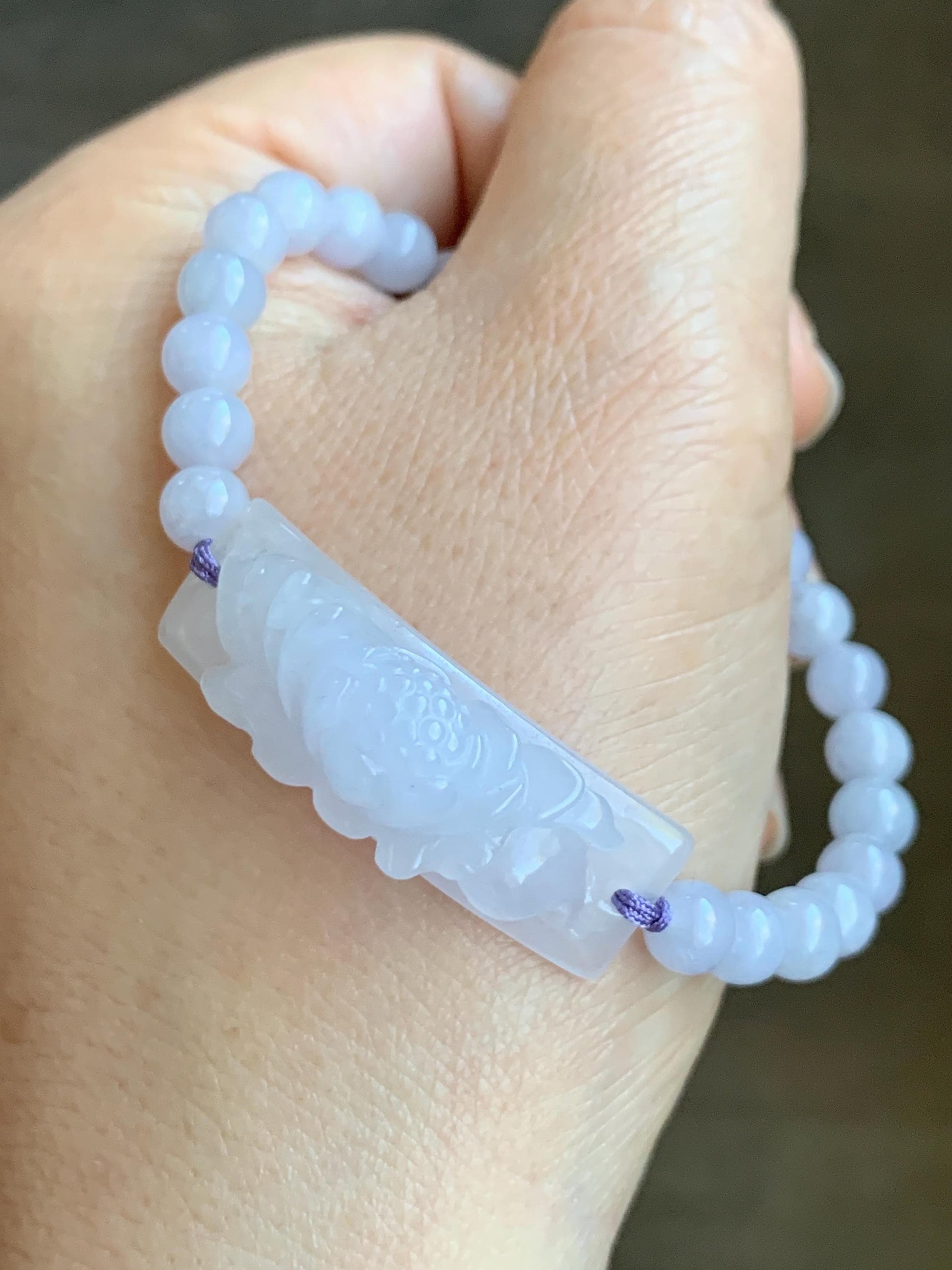 Natural Grade A Icy Translucent Light Lavender Jadeite Round Beads Carved Lotus Flower Cuff Beaded Bracelet 6.75” 15g 天然冰胶淡紫翡翠莲花手牌手串 DZHP