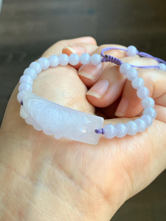 Natural Grade A Icy Translucent Light Lavender Jadeite Round Beads Carved Lotus Flower Cuff Beaded Bracelet 6.75” 15g 天然冰胶淡紫翡翠莲花手牌手串 DZHP