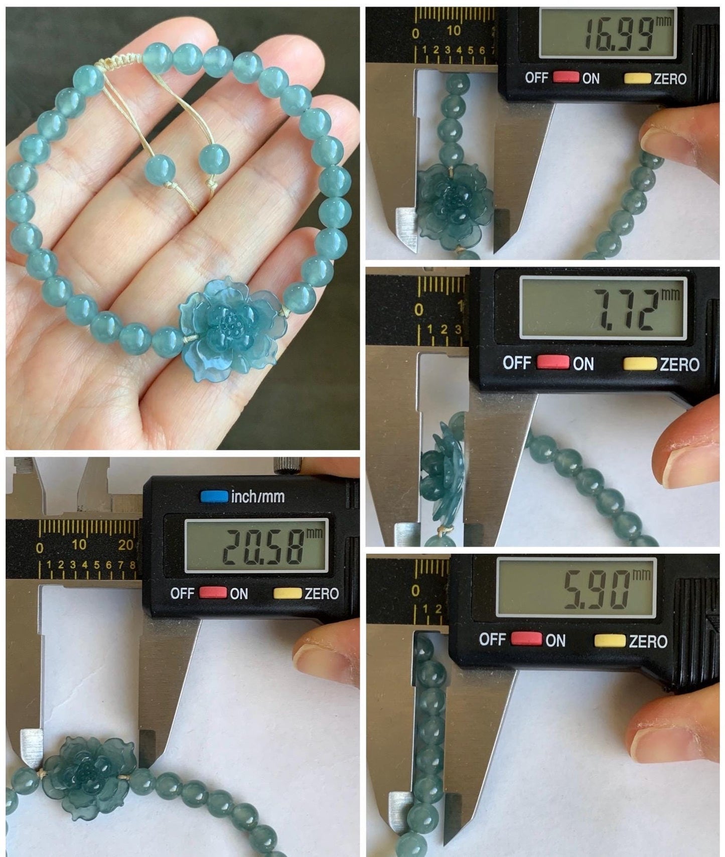Natural Grade A Guatemalan Icy Highly Translucent Gelatinous Blue Jadeite Lotus Flower Beaded Bracelet 7” 13g 天然冰危蓝翡翠莲花圆珠手串 DLHH819