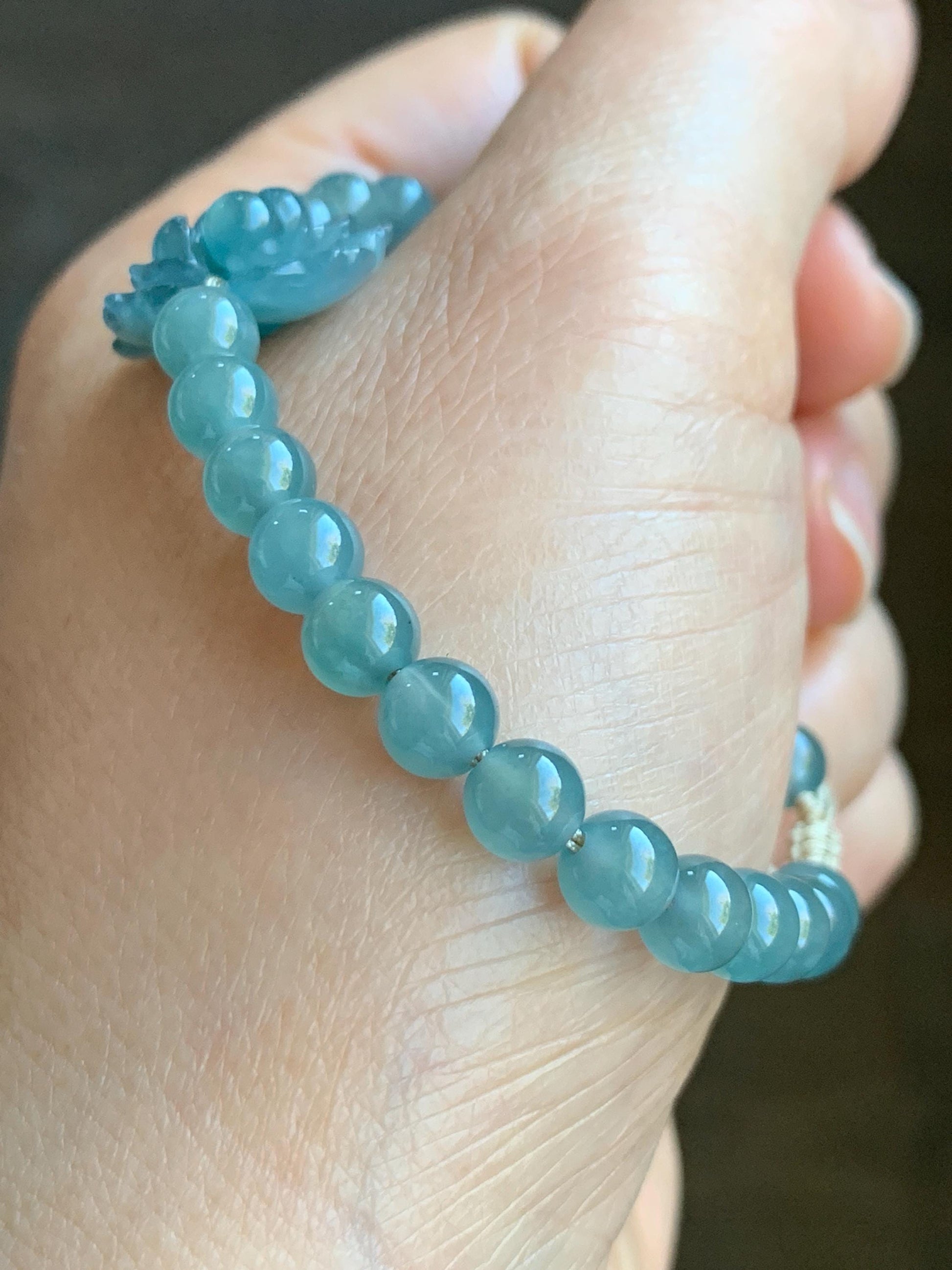 Natural Grade A Guatemalan Icy Highly Translucent Gelatinous Blue Jadeite Lotus Flower Beaded Bracelet 7” 13g 天然冰危蓝翡翠莲花圆珠手串 DLHH819