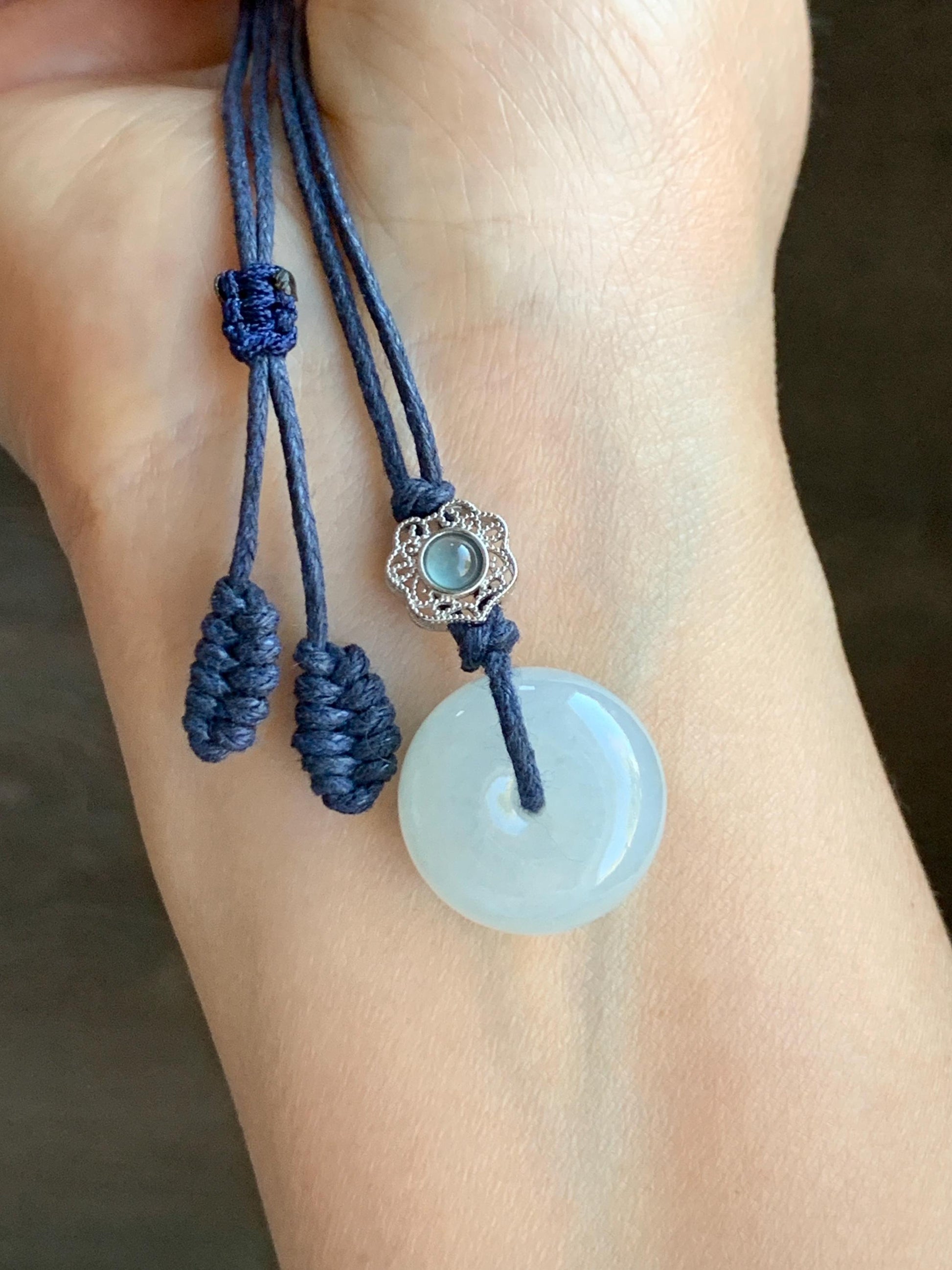 Certified Natural Grade A Icy Translucent Gelatinous Pastel Blue Jadeite Ping An Kou Donut Pendant Rope Necklace 24" 天然老种冰胶淡蓝翡翠平安扣吊坠 7837