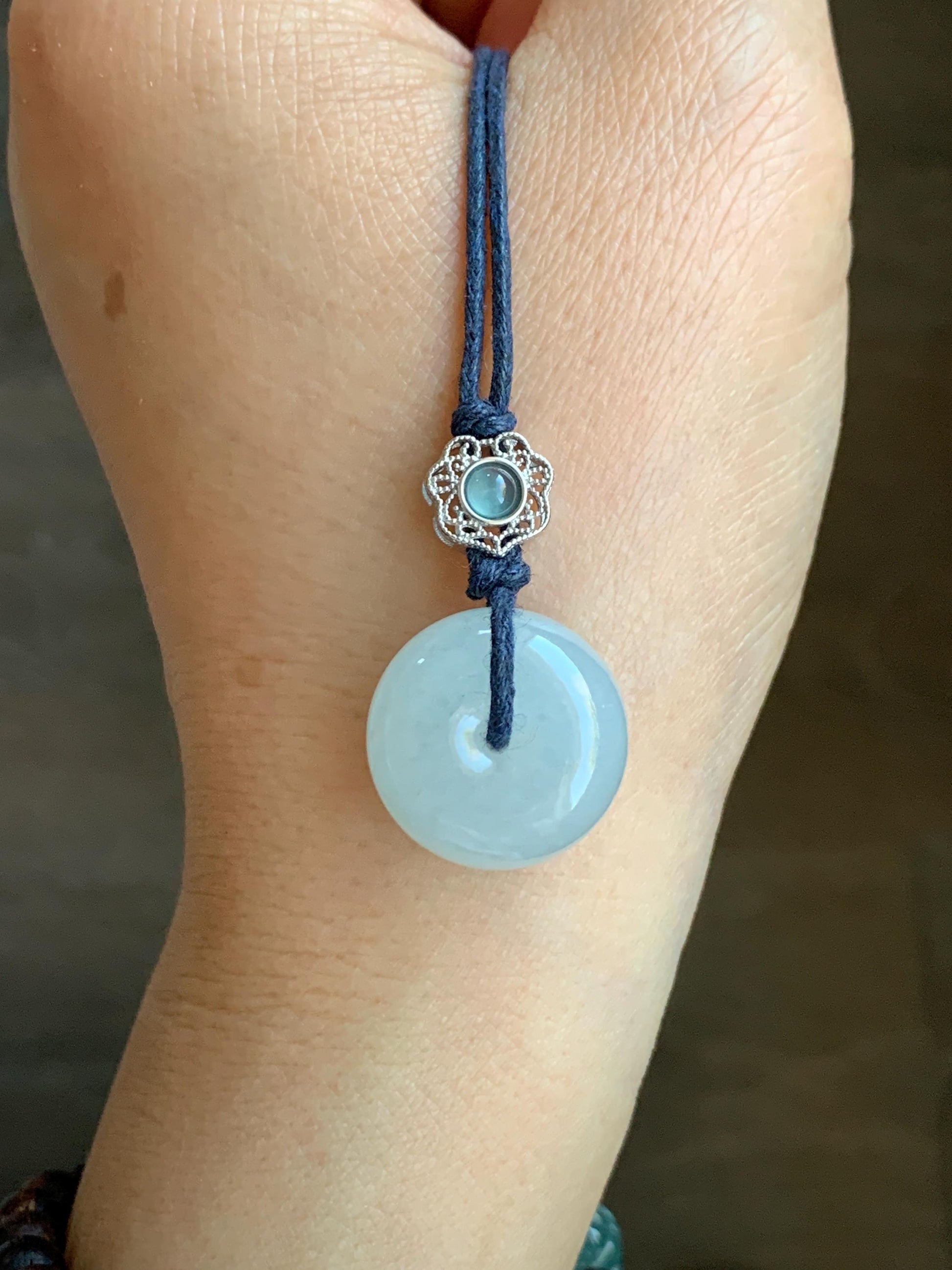 Certified Natural Grade A Icy Translucent Gelatinous Pastel Blue Jadeite Ping An Kou Donut Pendant Rope Necklace 24" 天然老种冰胶淡蓝翡翠平安扣吊坠 7837