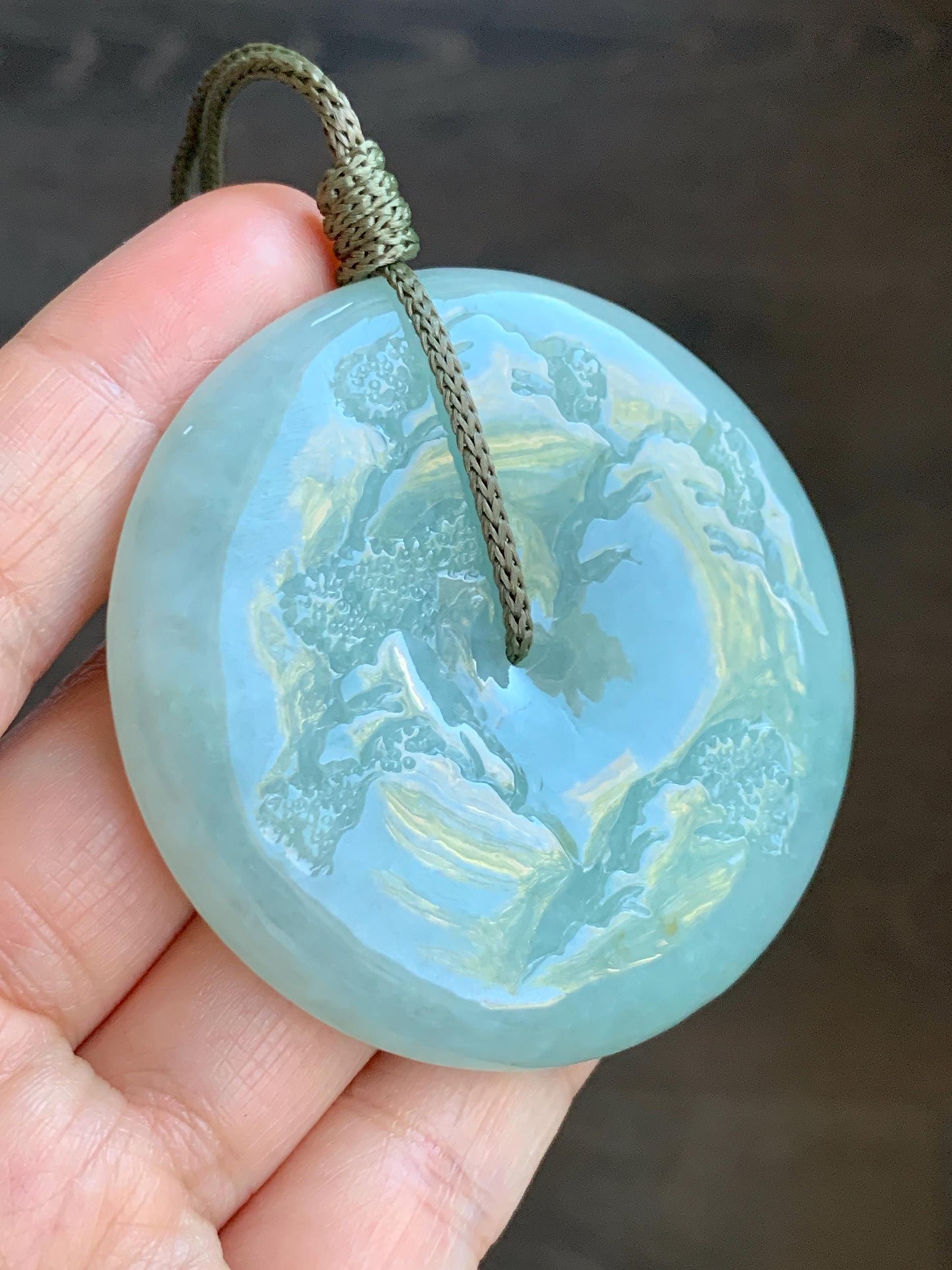 Certified Natural Grade A Icy Light Green Jadeite Engraved Shan Shui Ping An Kou Donut Pendant Rope Necklace 24" 71.8g 天然冰晴翡翠山水平安扣吊坠项链 3014