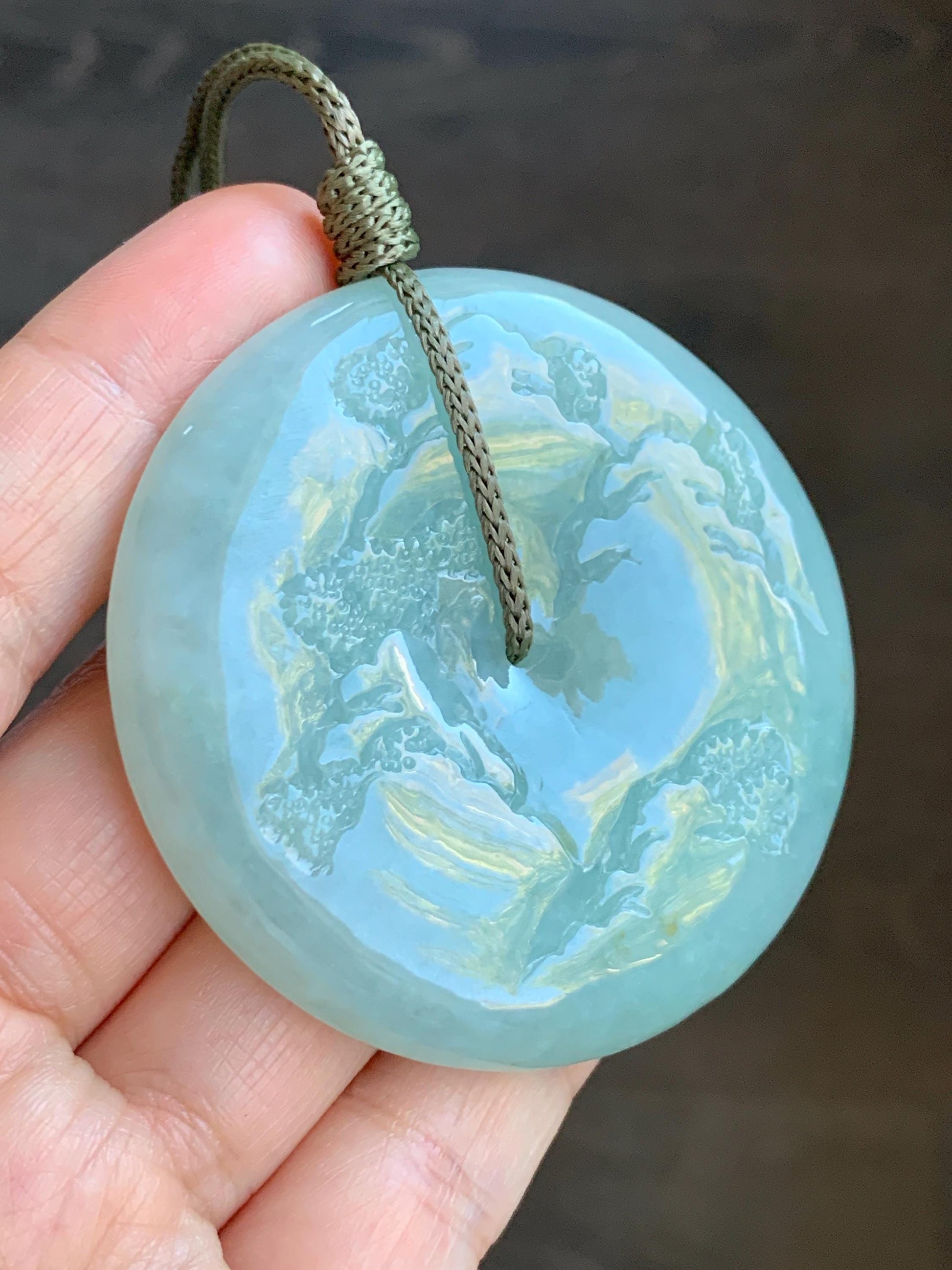 Certified Natural Grade A Icy Light Green Jadeite Engraved Shan Shui Ping An Kou Donut Pendant Rope Necklace 24" 71.8g 天然冰晴翡翠山水平安扣吊坠项链 3014