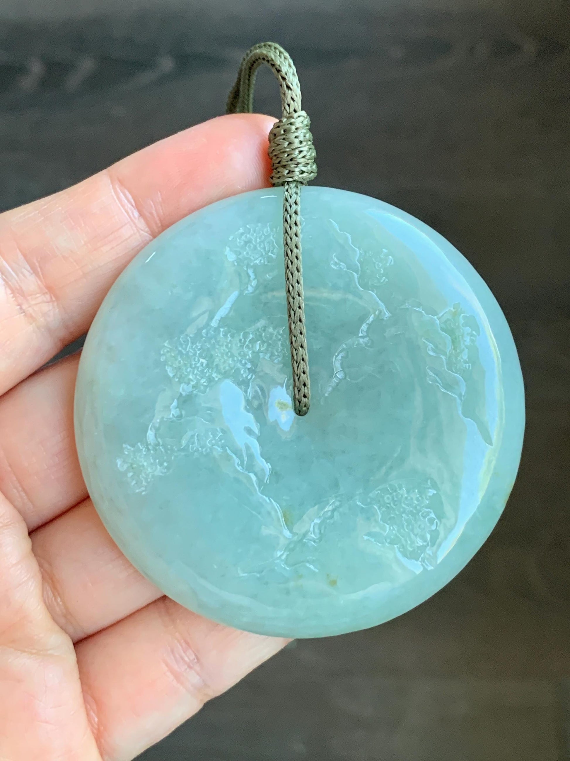 Certified Natural Grade A Icy Light Green Jadeite Engraved Shan Shui Ping An Kou Donut Pendant Rope Necklace 24" 71.8g 天然冰晴翡翠山水平安扣吊坠项链 3014