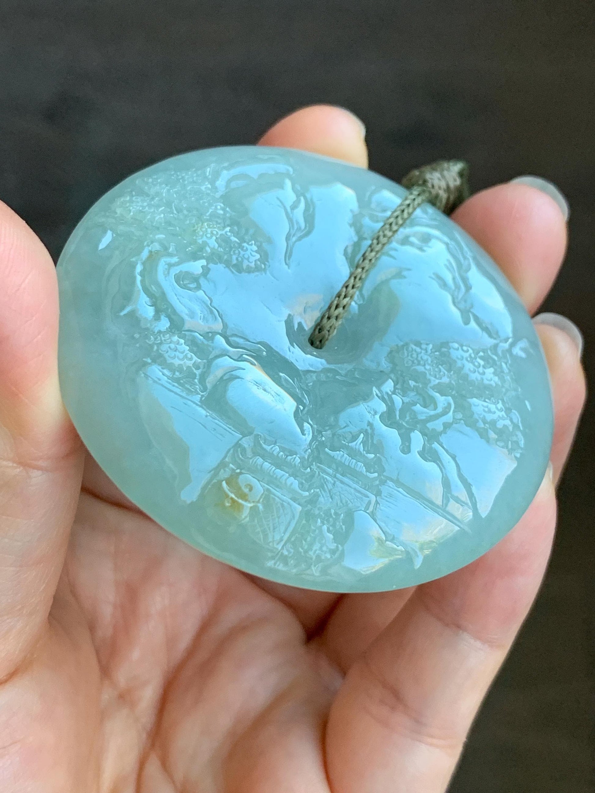 Certified Natural Grade A Icy Light Green Jadeite Engraved Shan Shui Ping An Kou Donut Pendant Rope Necklace 24" 71.8g 天然冰晴翡翠山水平安扣吊坠项链 3014