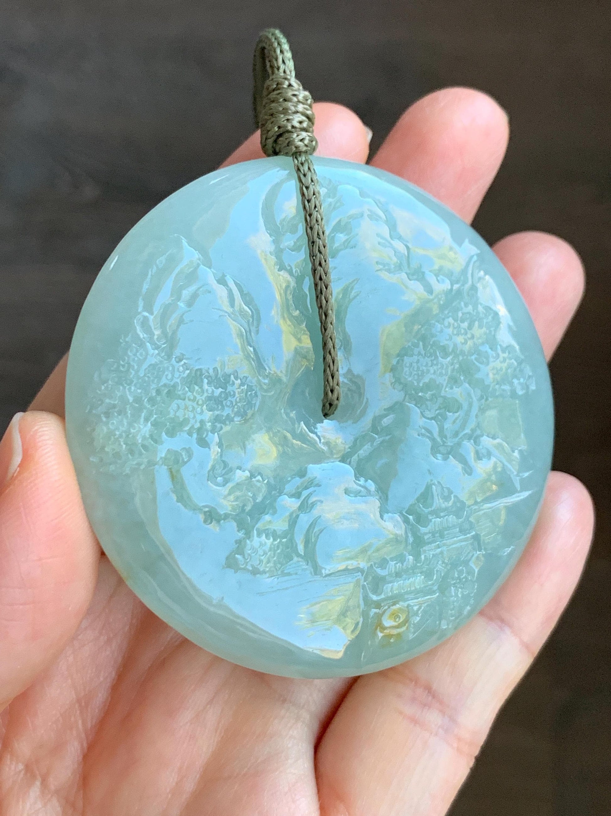 Certified Natural Grade A Icy Light Green Jadeite Engraved Shan Shui Ping An Kou Donut Pendant Rope Necklace 24" 71.8g 天然冰晴翡翠山水平安扣吊坠项链 3014