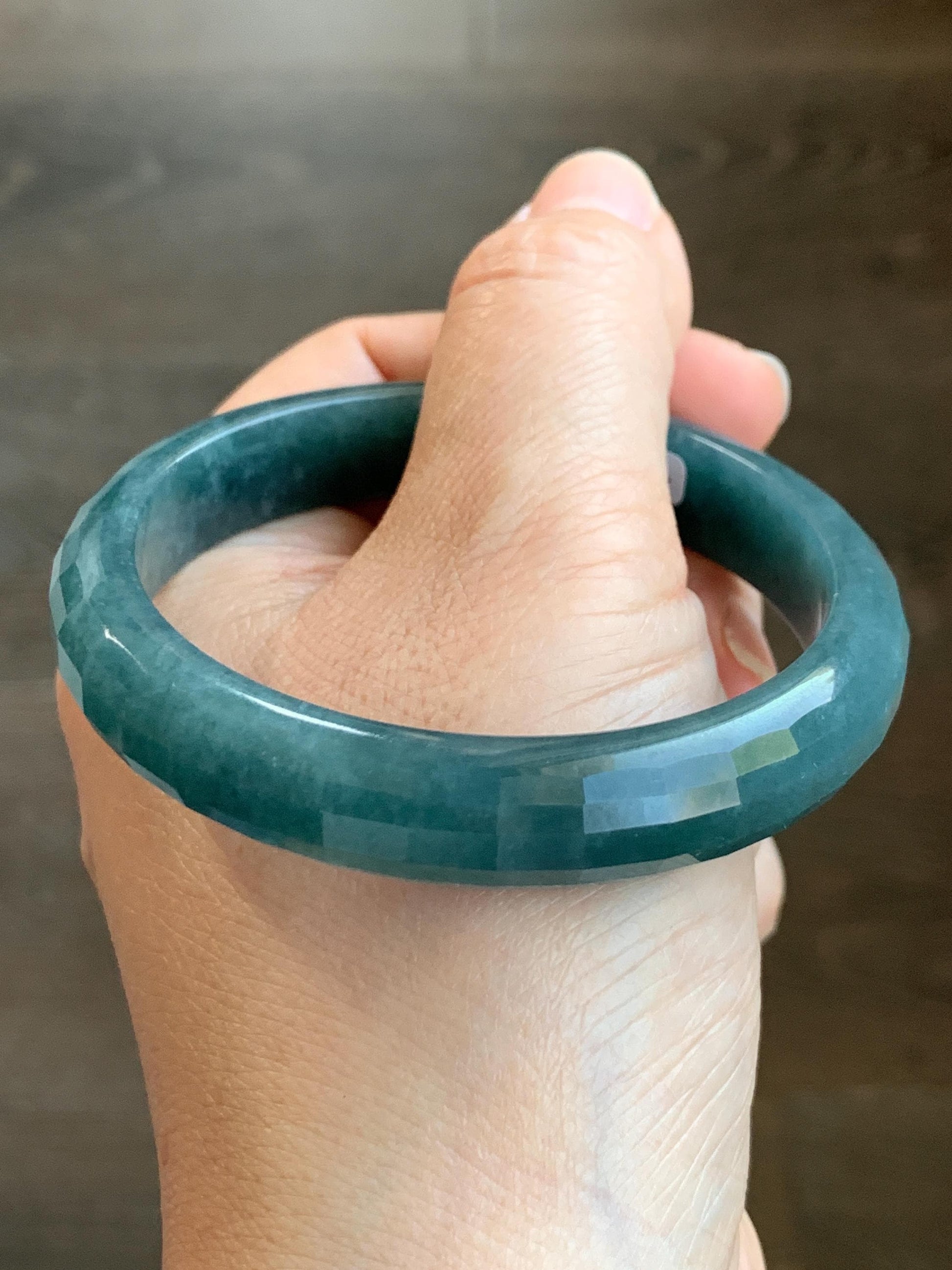 Certified Natural Grade A Guatemalan Icy Translucent Dark Blue Marbled Jadeite Faceted Bangle 56.3mm 11.5x6.8mm 43g 天然老种冰危深蓝翡翠正圈切割面手镯 1356