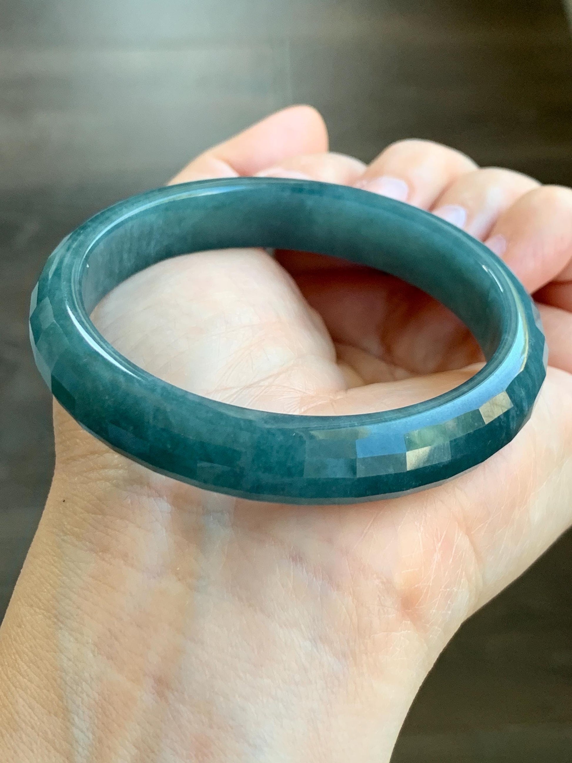 Certified Natural Grade A Guatemalan Icy Translucent Dark Blue Marbled Jadeite Faceted Bangle 56.3mm 11.5x6.8mm 43g 天然老种冰危深蓝翡翠正圈切割面手镯 1356