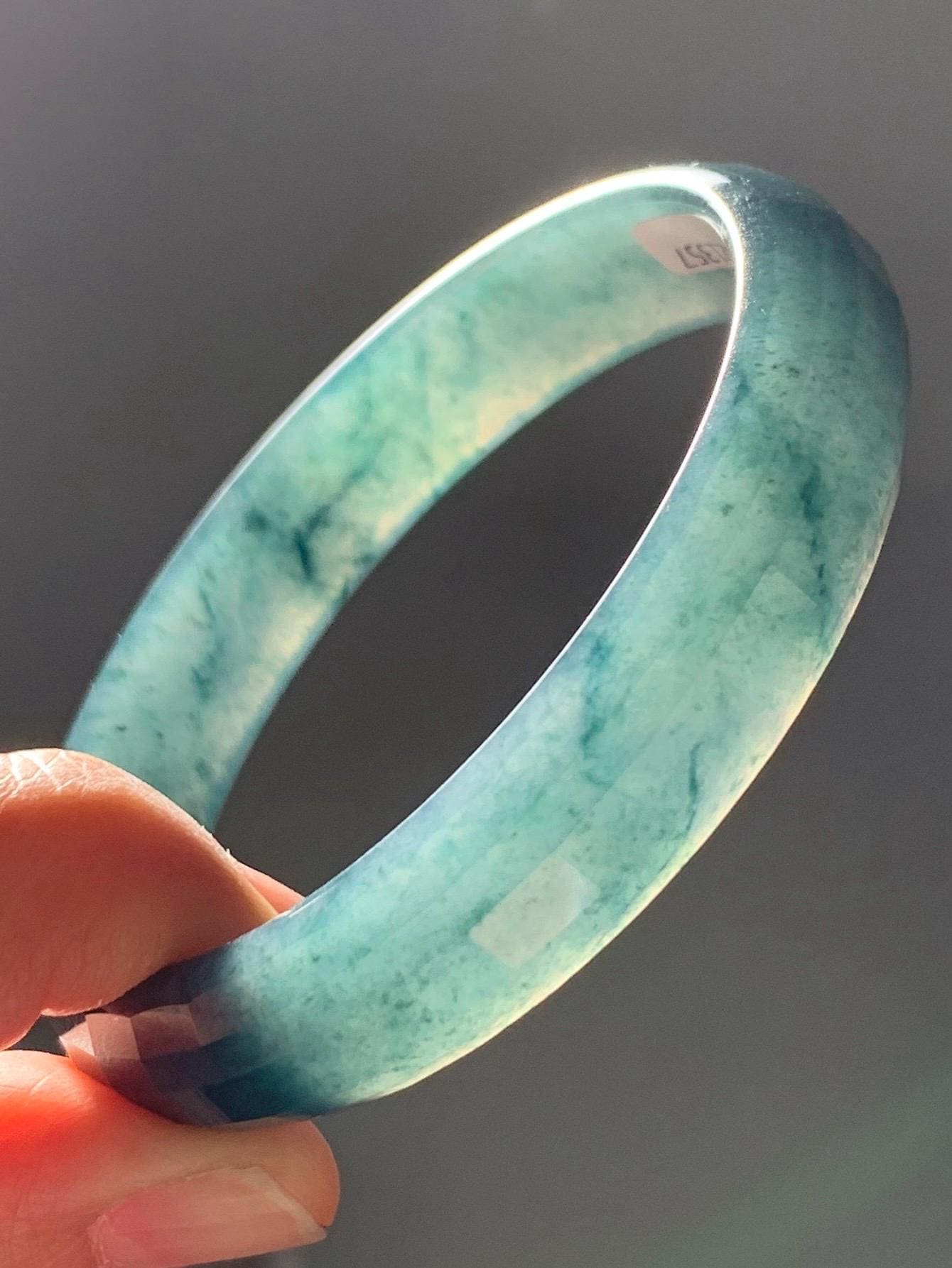 Certified Natural Grade A Guatemalan Icy Translucent Dark Blue Marbled Jadeite Faceted Bangle 57.6mm 12.7x5.7mm 39g 天然老种冰危深蓝翡翠正圈切割面手镯 1357