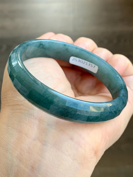 Certified Natural Grade A Guatemalan Icy Translucent Dark Blue Marbled Jadeite Faceted Bangle 57.6mm 12.7x5.7mm 39g 天然老种冰危深蓝翡翠正圈切割面手镯 1357