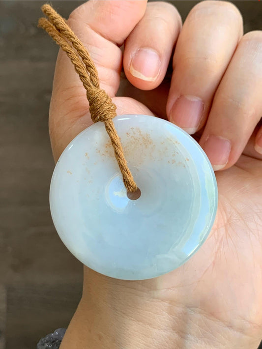 Natural Grade A Icy Translucent Gelatinous Pastel Blue Jadeite Large Ping An Kou Donut Pendant Rope Necklace 25” 34g 天然冰胶蓝底撒金翡翠平安扣吊坠 DFR330