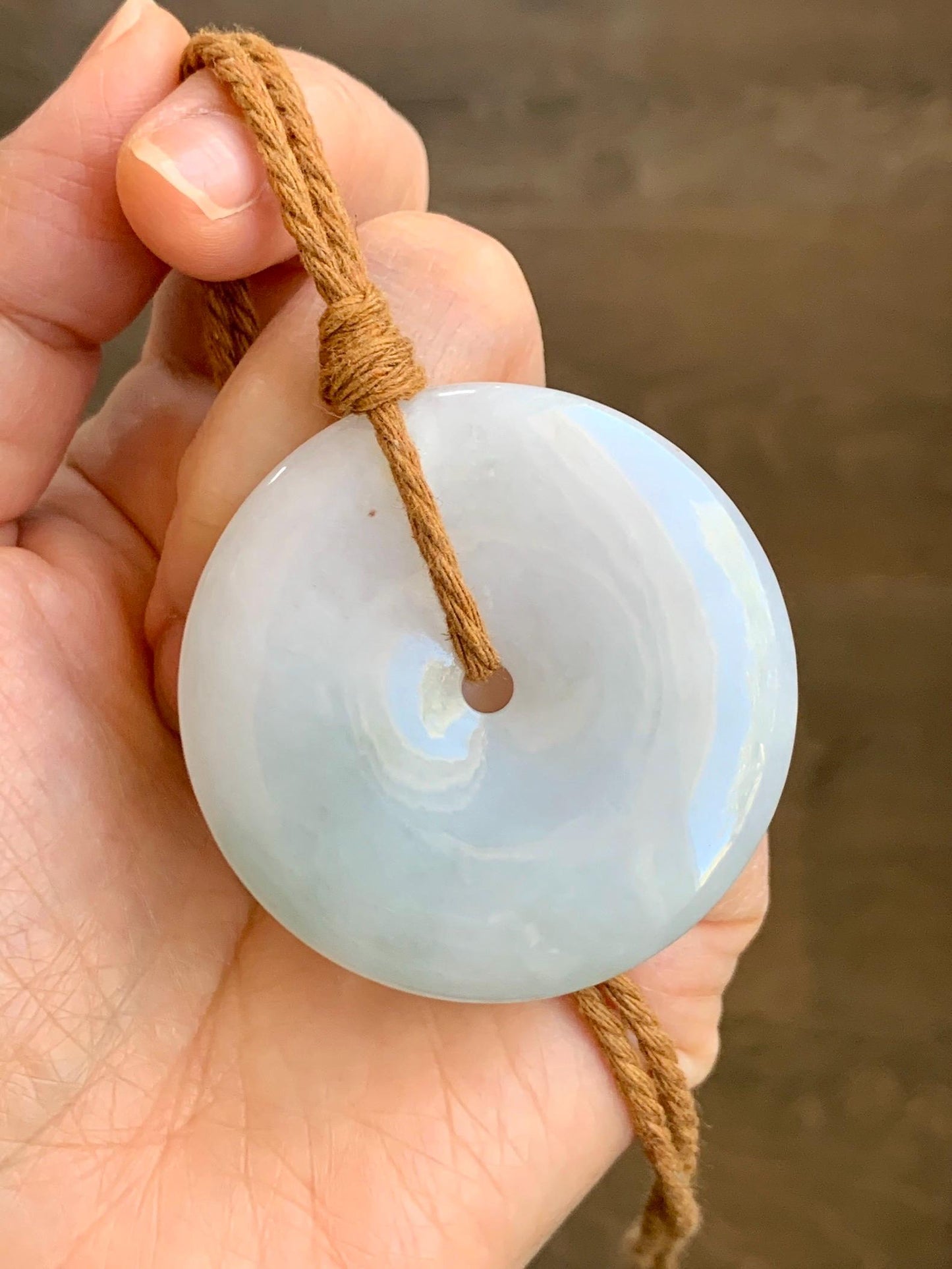 Natural Grade A Icy Translucent Gelatinous Pastel Blue Jadeite Large Ping An Kou Donut Pendant Rope Necklace 25” 34g 天然冰胶蓝底撒金翡翠平安扣吊坠 DFR330
