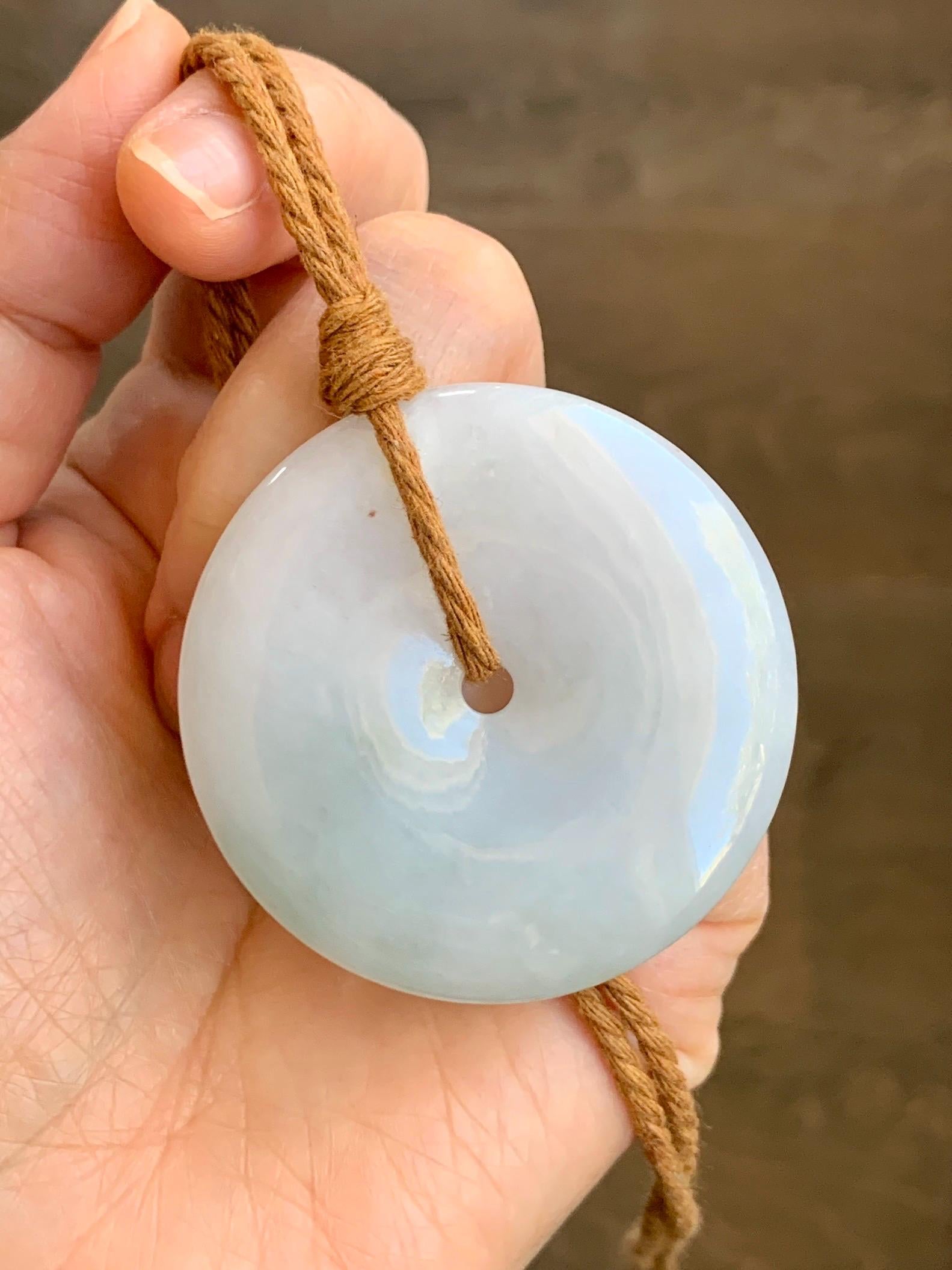 Natural Grade A Icy Translucent Gelatinous Pastel Blue Jadeite Large Ping An Kou Donut Pendant Rope Necklace 25” 34g 天然冰胶蓝底撒金翡翠平安扣吊坠 DFR330