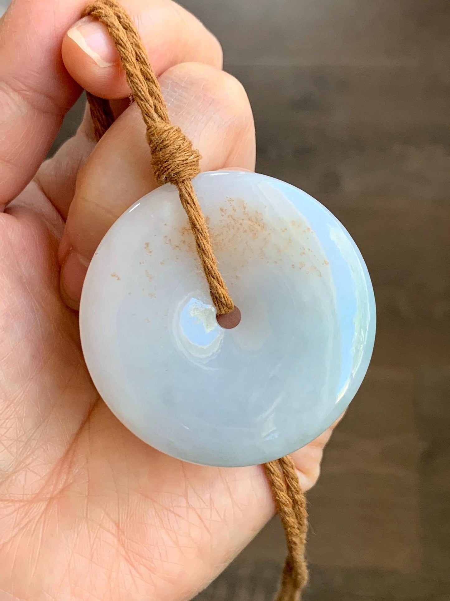 Natural Grade A Icy Translucent Gelatinous Pastel Blue Jadeite Large Ping An Kou Donut Pendant Rope Necklace 25” 34g 天然冰胶蓝底撒金翡翠平安扣吊坠 DFR330