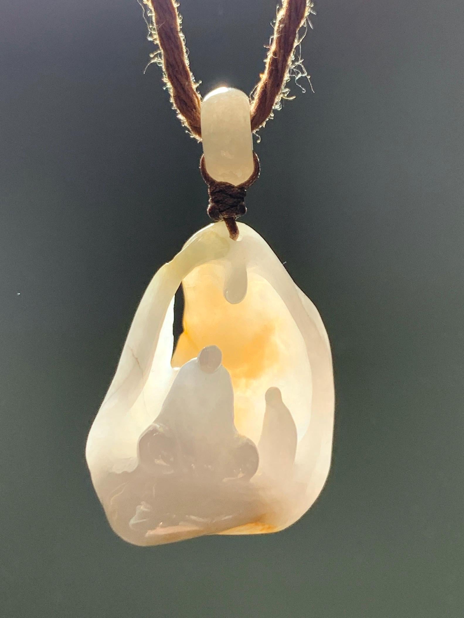 Natural Grade A Icy Translucent Gelatinous White & Dark Yellow Marbled Jadeite Wu Dao Enlightenment Pendant Rope Pendant 24" 天然冰胶飘黄翡翠悟道吊坠挂件