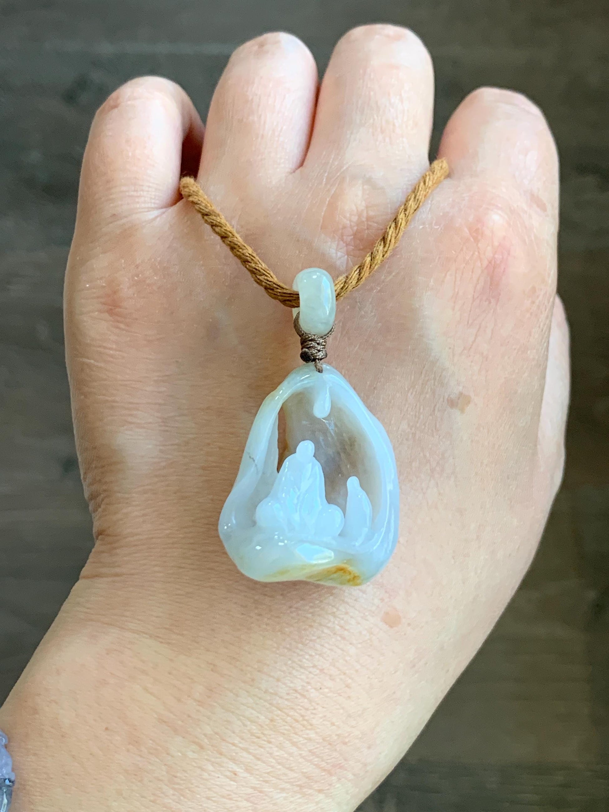 Natural Grade A Icy Translucent Gelatinous White & Dark Yellow Marbled Jadeite Wu Dao Enlightenment Pendant Rope Pendant 24" 天然冰胶飘黄翡翠悟道吊坠挂件
