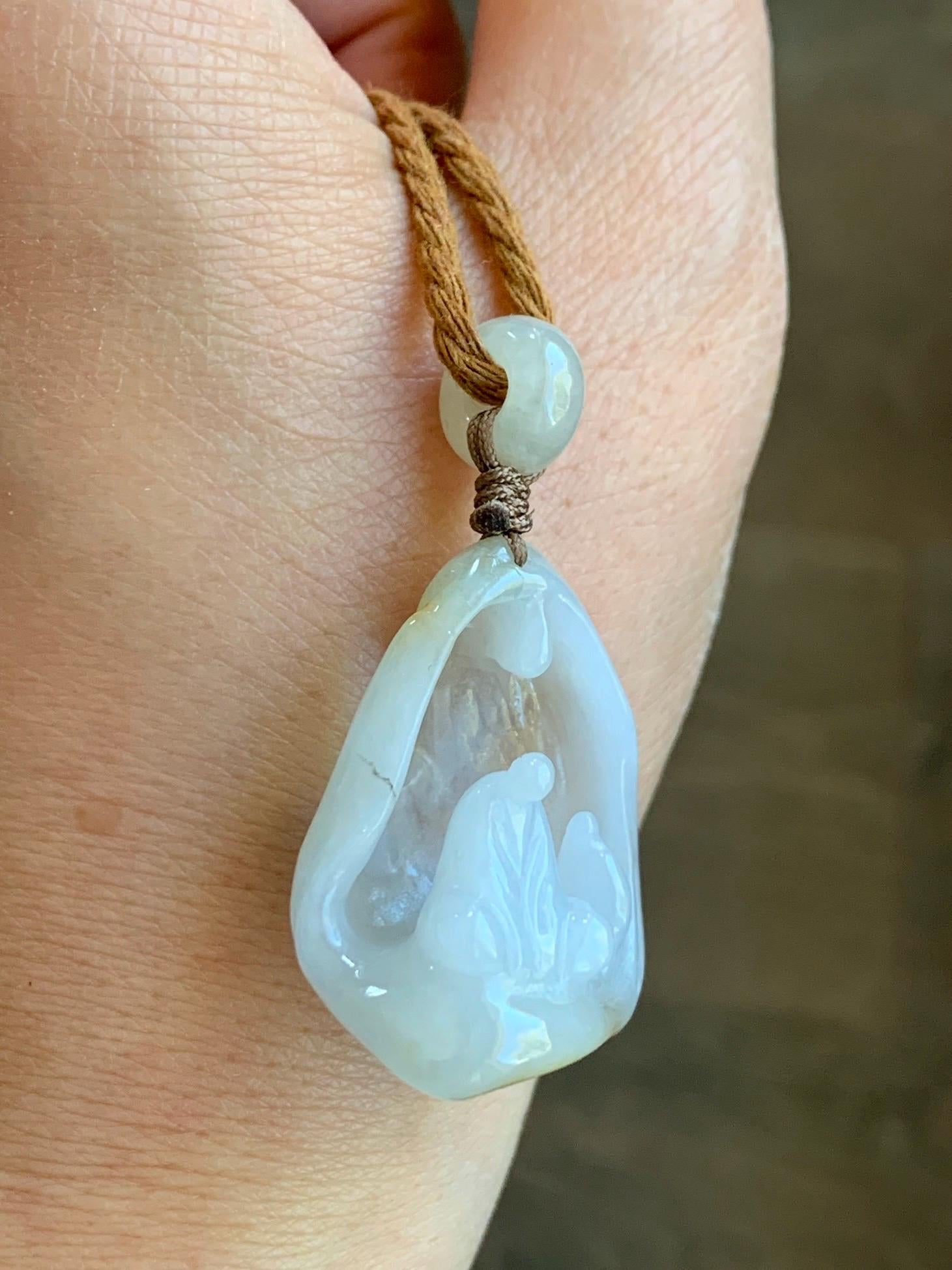 Natural Grade A Icy Translucent Gelatinous White & Dark Yellow Marbled Jadeite Wu Dao Enlightenment Pendant Rope Pendant 24" 天然冰胶飘黄翡翠悟道吊坠挂件