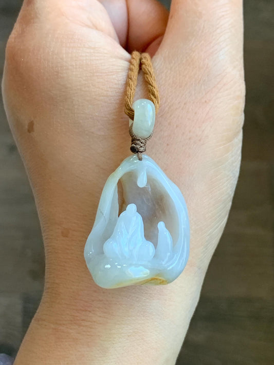 Natural Grade A Icy Translucent Gelatinous White & Dark Yellow Marbled Jadeite Wu Dao Enlightenment Pendant Rope Pendant 24" 天然冰胶飘黄翡翠悟道吊坠挂件