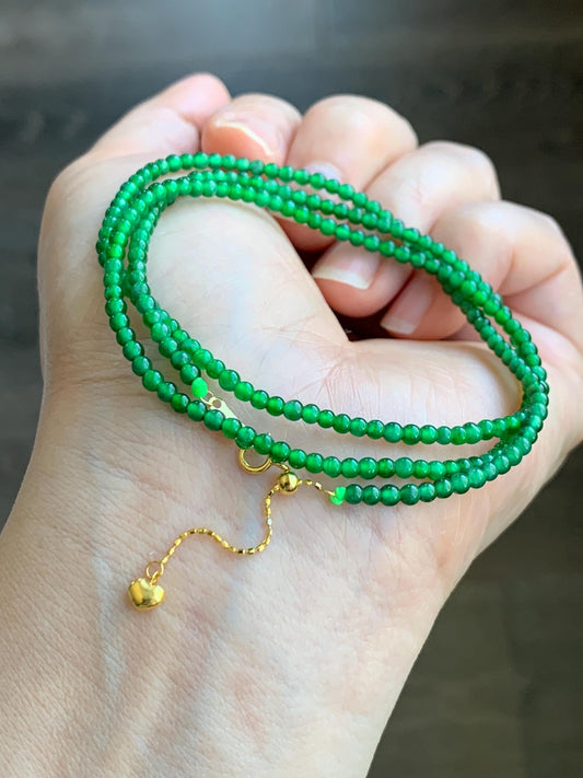 Natural Grade A Guatemalan Icy Translucent Vibrant Green Jadeite Petite Beaded Necklace 18K Yellow Gold 20.75” 6g 天然冰危阳绿翡翠小卡圆珠项链K金扣头 WYL500