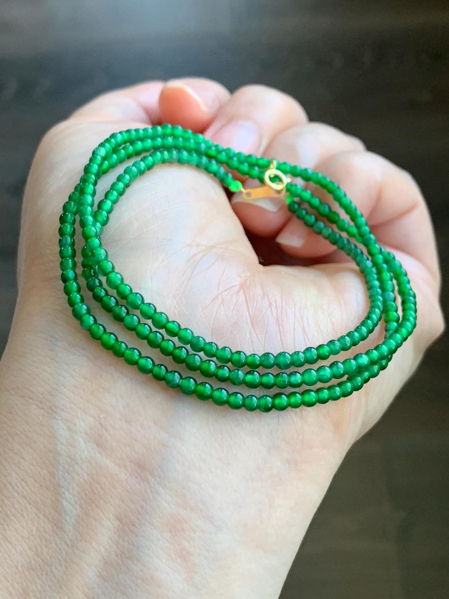 Natural Grade A Guatemalan Icy Translucent Vibrant Green Jadeite Petite Beaded Necklace 18K Yellow Gold 20.75” 6g 天然冰危阳绿翡翠小卡圆珠项链K金扣头 WYL500