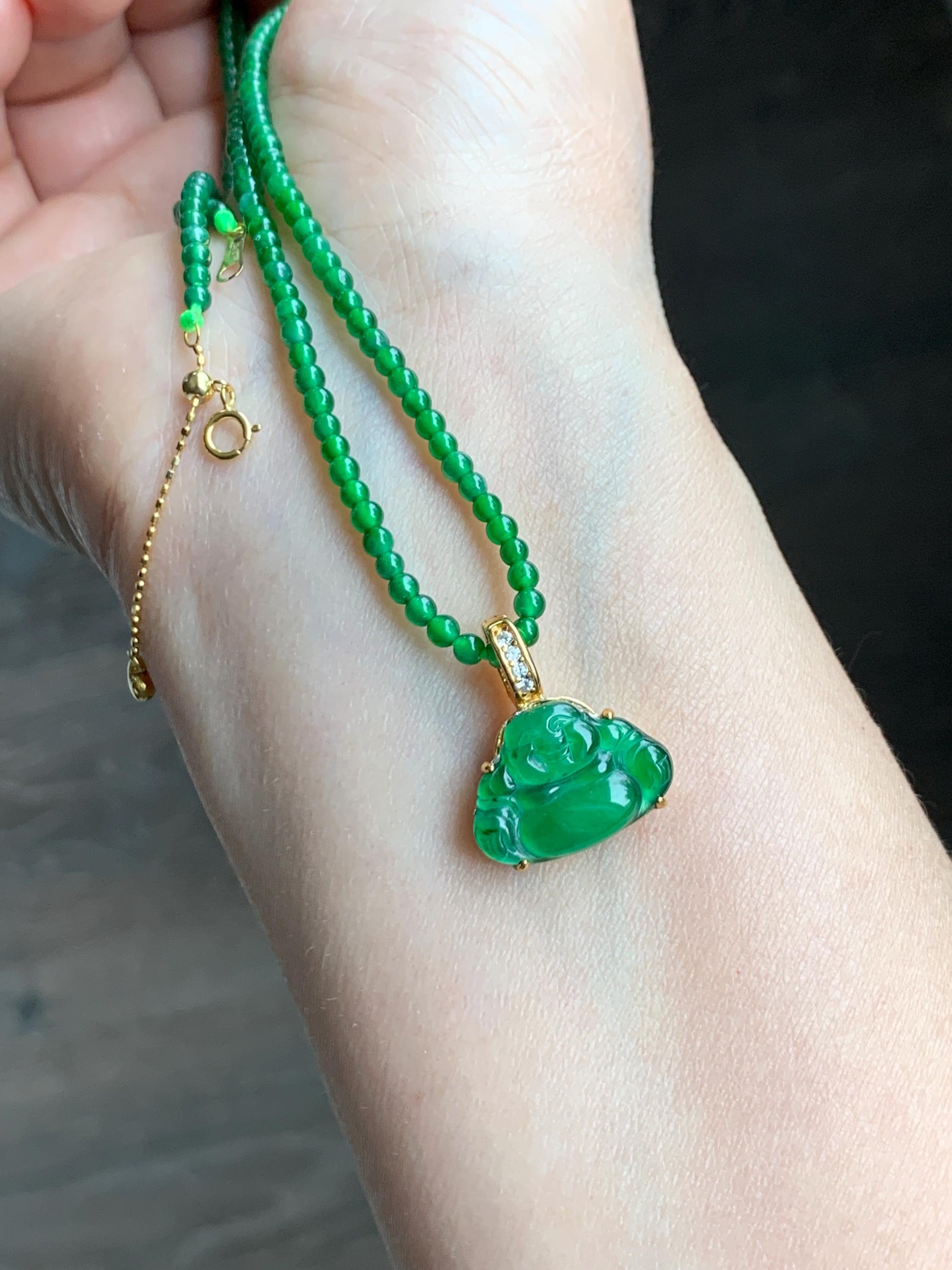 Natural Grade A Guatemalan Icy Translucent Vibrant Green Jadeite Petite Beaded Necklace 18K Yellow Gold 20.75” 6g 天然冰危阳绿翡翠小卡圆珠项链K金扣头 WYL500