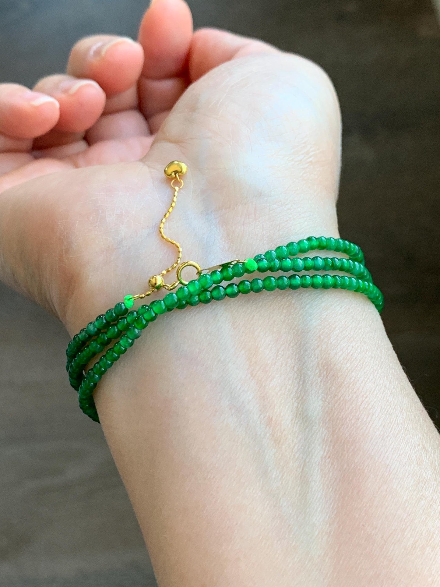 Natural Grade A Guatemalan Icy Translucent Vibrant Green Jadeite Petite Beaded Necklace 18K Yellow Gold 20.75” 6g 天然冰危阳绿翡翠小卡圆珠项链K金扣头 WYL500